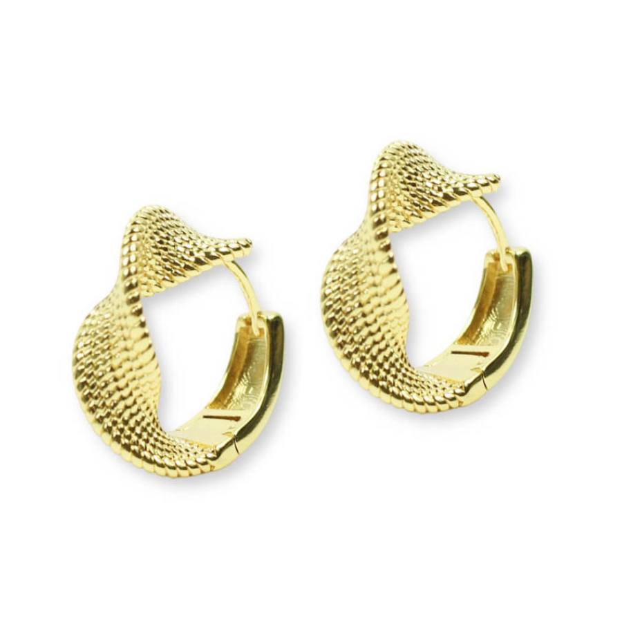 Margot Gold Huggie Earrings featuring textured, sculpted gold-tone hoops with a curved silhouette by Bourbon and Boweties.