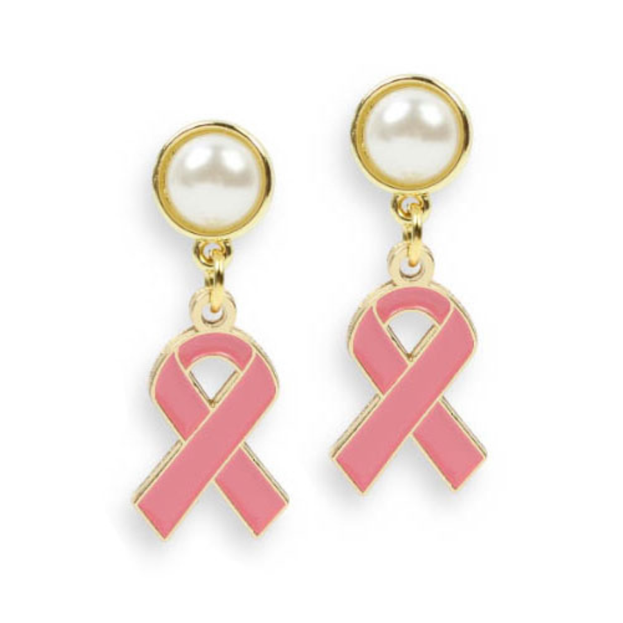 Awareness Ribbon Pearl Top Earring - Breast Cancer