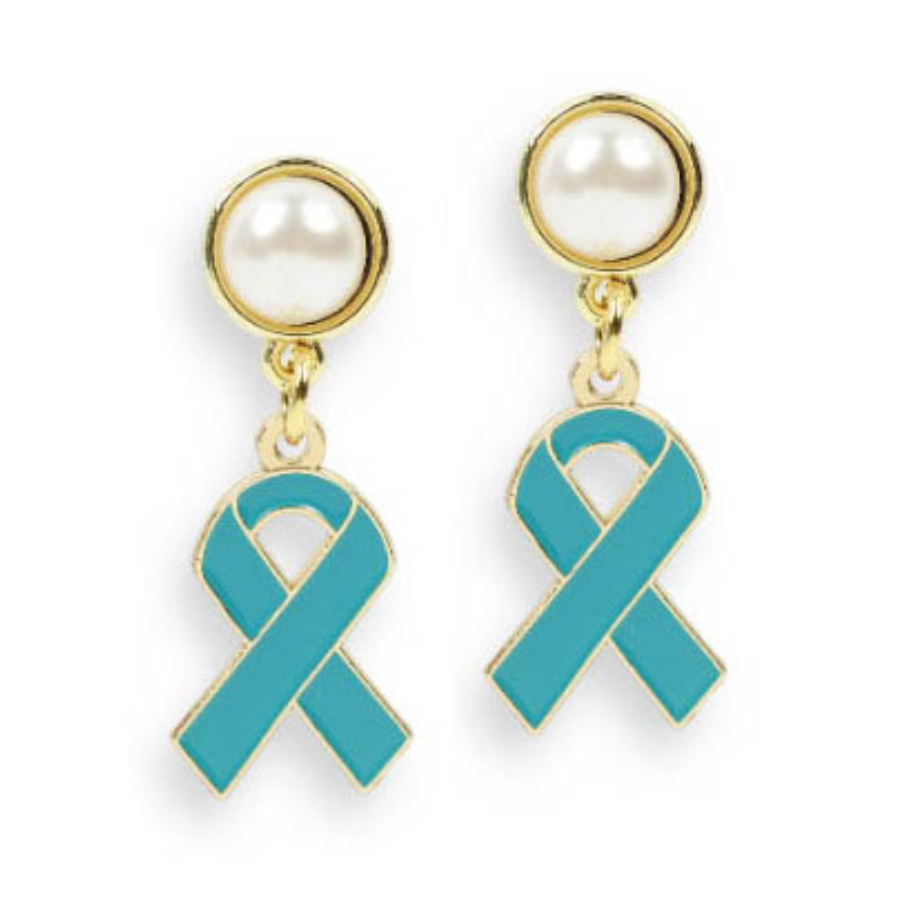 Awareness Ribbon Pearl Top Earring - Teal