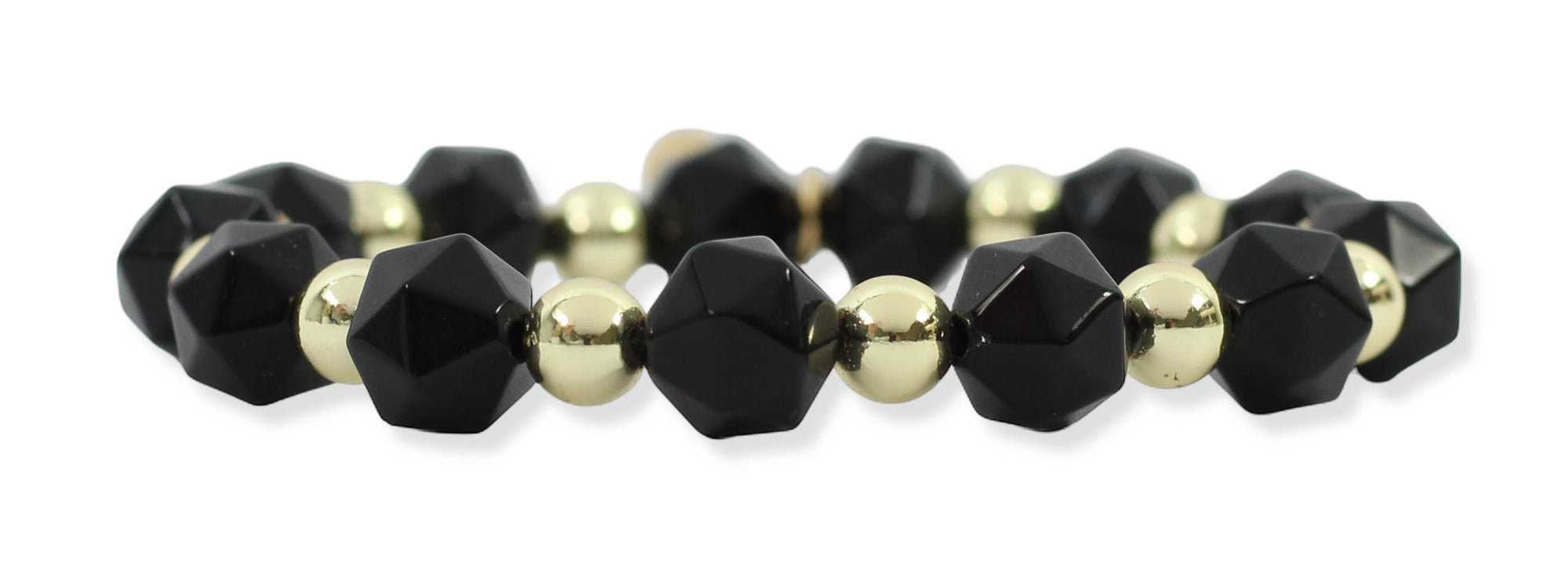 Black faceted onyx beaded stretch bracelet with gold spacer beads and a gold logo tag on a white background.