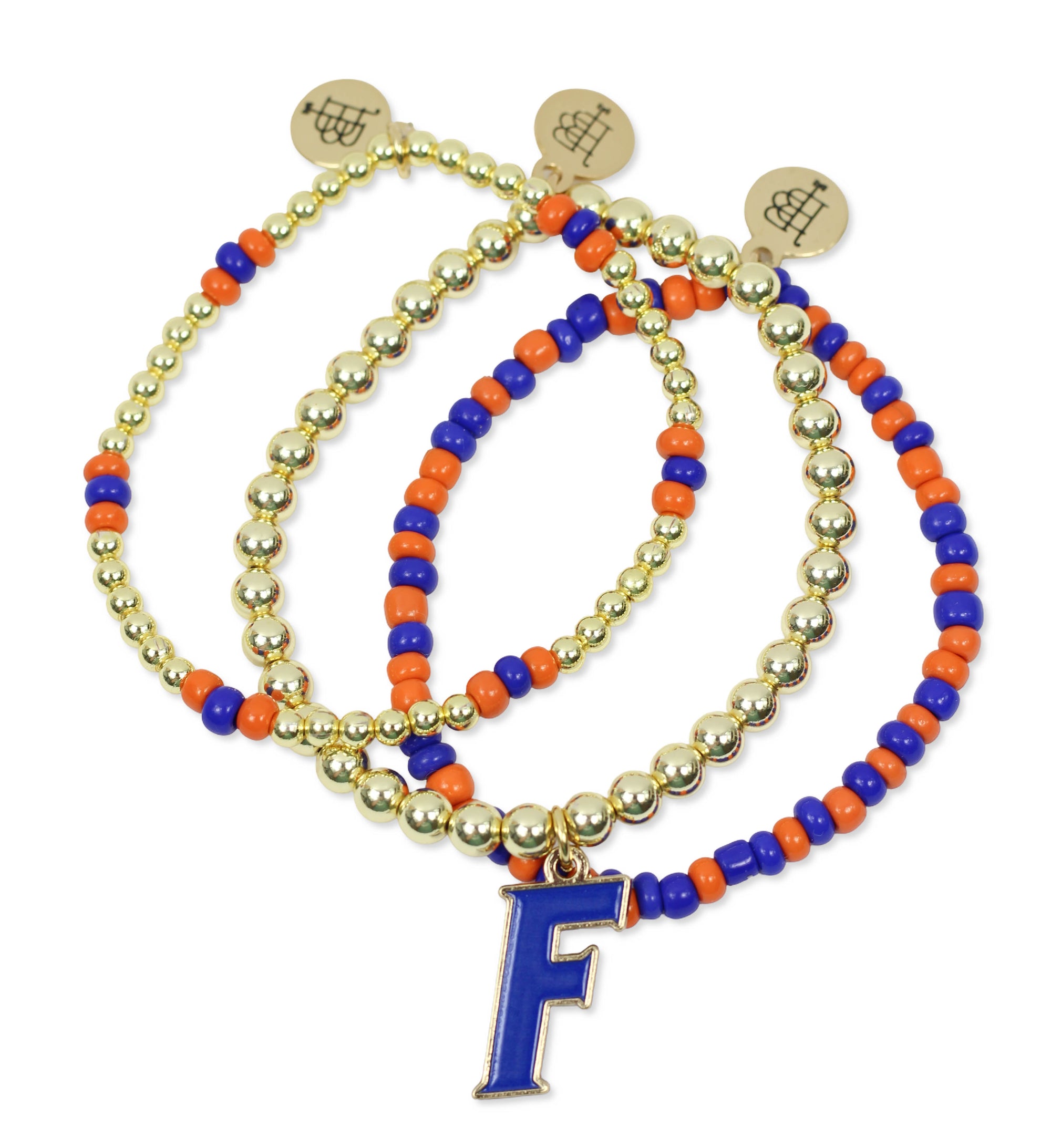 Florida Gators Tailgate Stretch Bracelet Stack with orange, blue, and gold beaded bracelets with a blue 'F' charm.