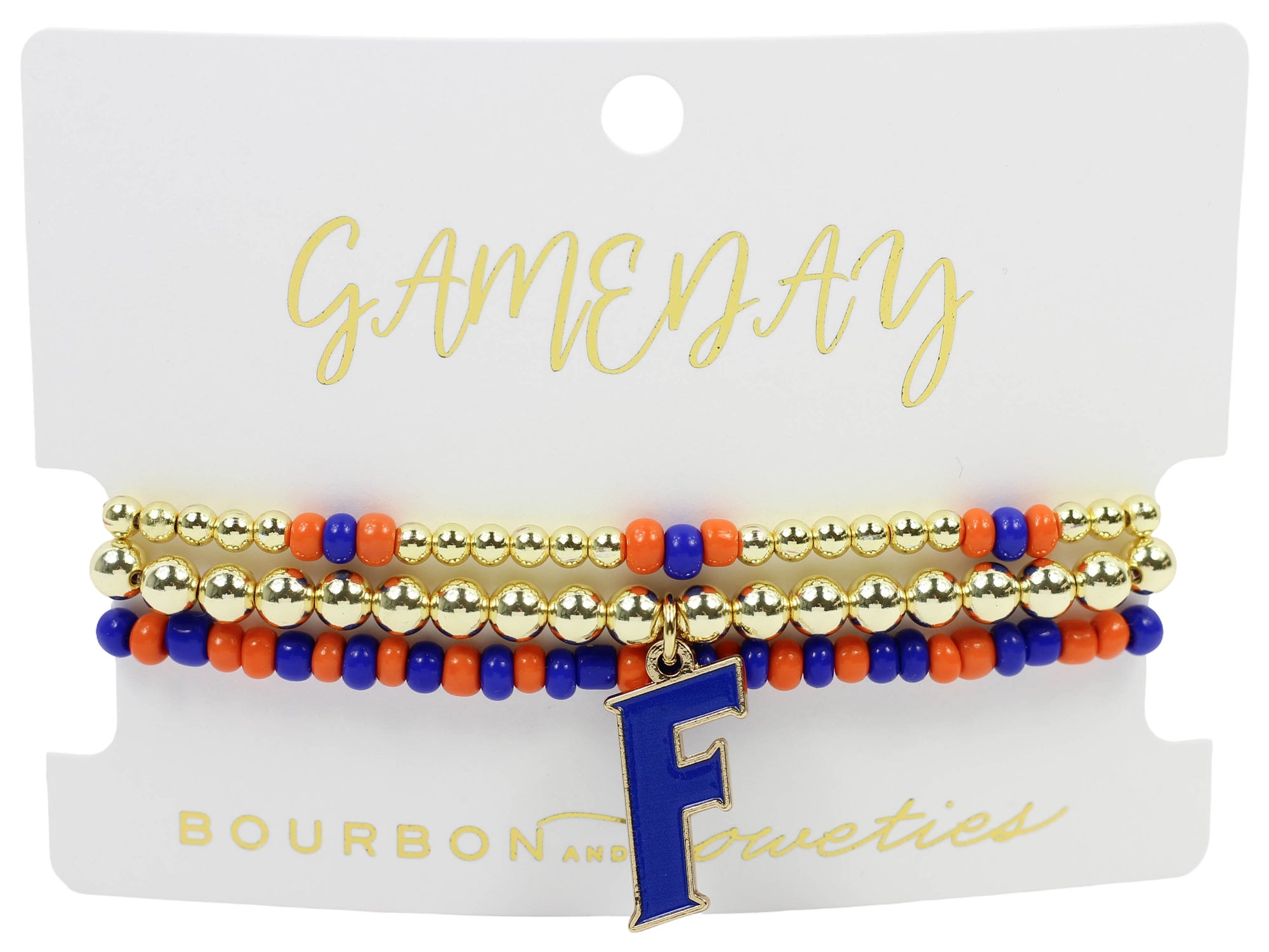 Florida Gators Tailgate Stretch Bracelet Stack with orange, blue, and gold beaded bracelets with a blue 'F' charm. Bracelet stack is on a white Gameday card.