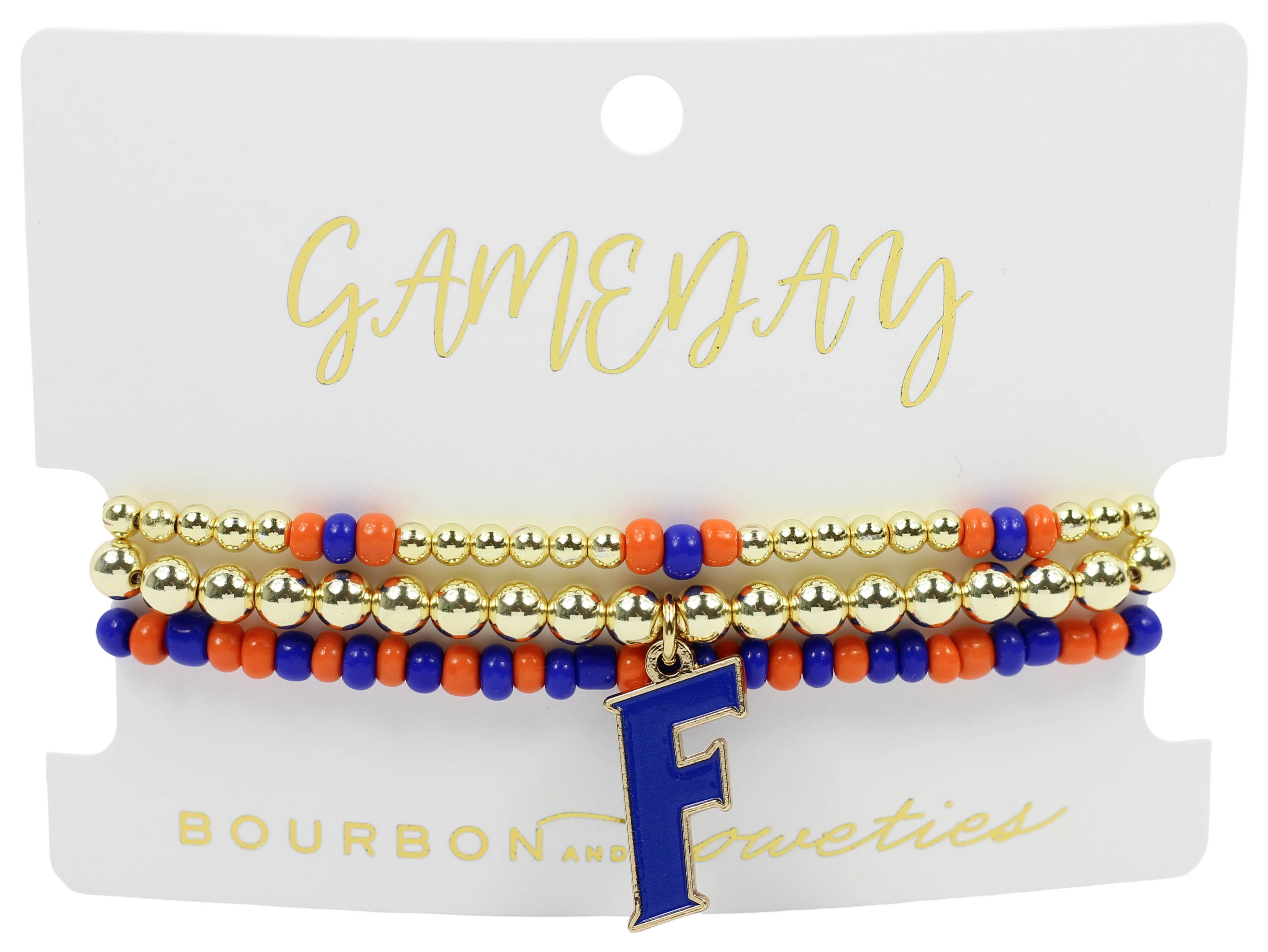 Florida Gators Tailgate Stretch Bracelet Stack with orange, blue, and gold beaded bracelets with a blue 'F' charm. Bracelet stack is on a white Gameday card.