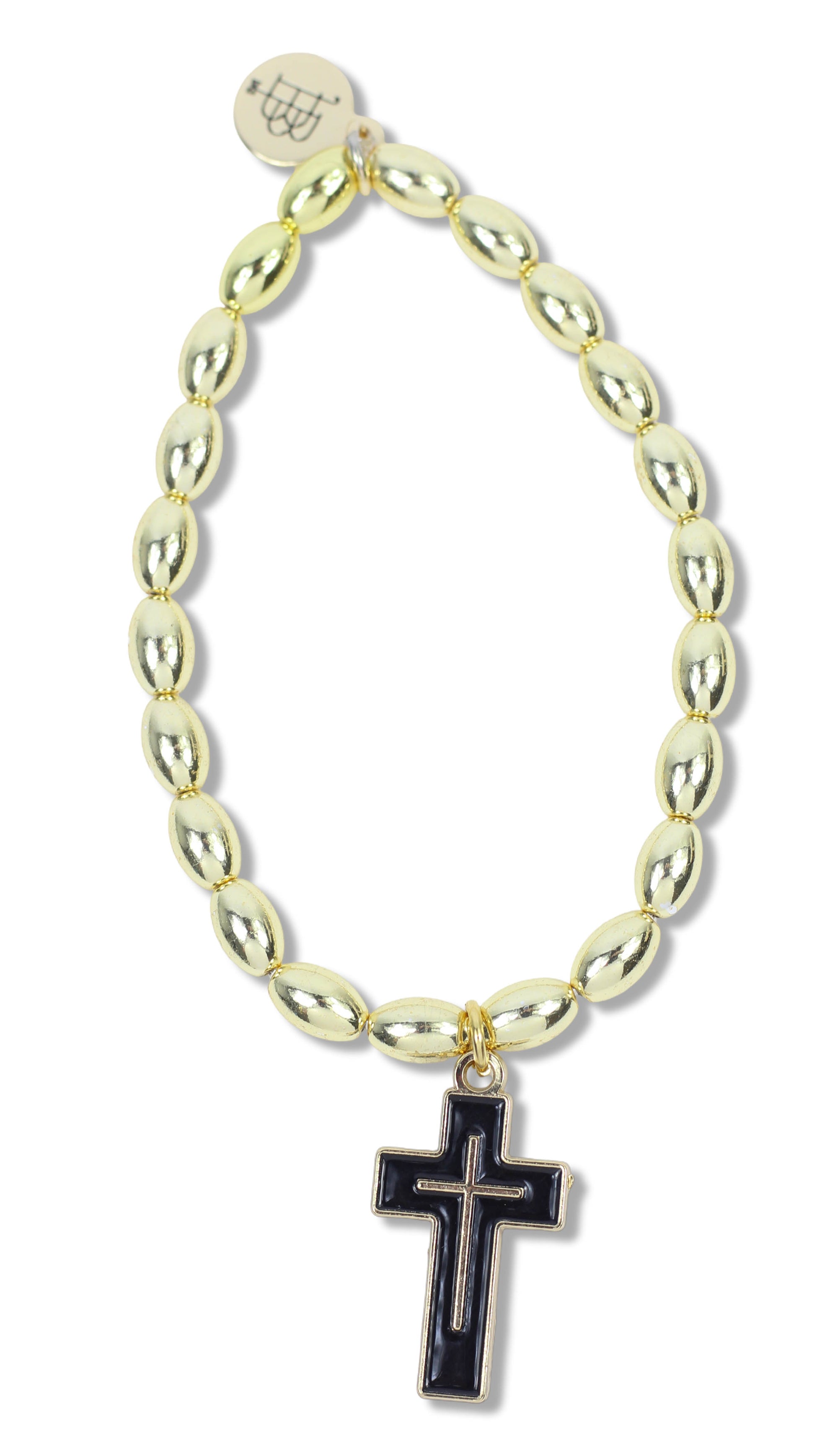 Stacker Stretch Bracelet - Gold Rice Bead/Black Cross Charm