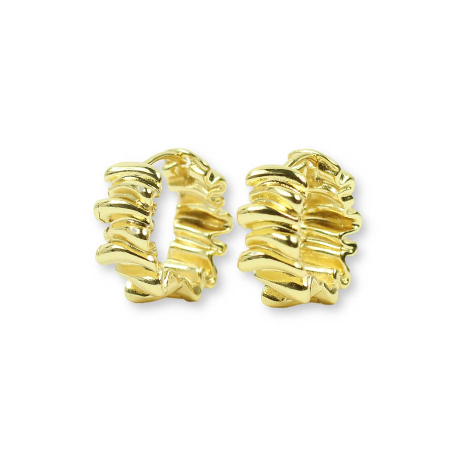 Chunky gold ruffle hoop earrings featuring a sculpted, dimensional wavy texture by Bourbon and Boweties.