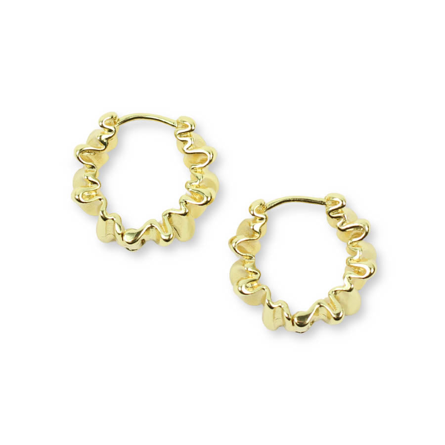 Chunky gold ruffle hoop earrings featuring a sculpted, dimensional wavy texture by Bourbon and Boweties.