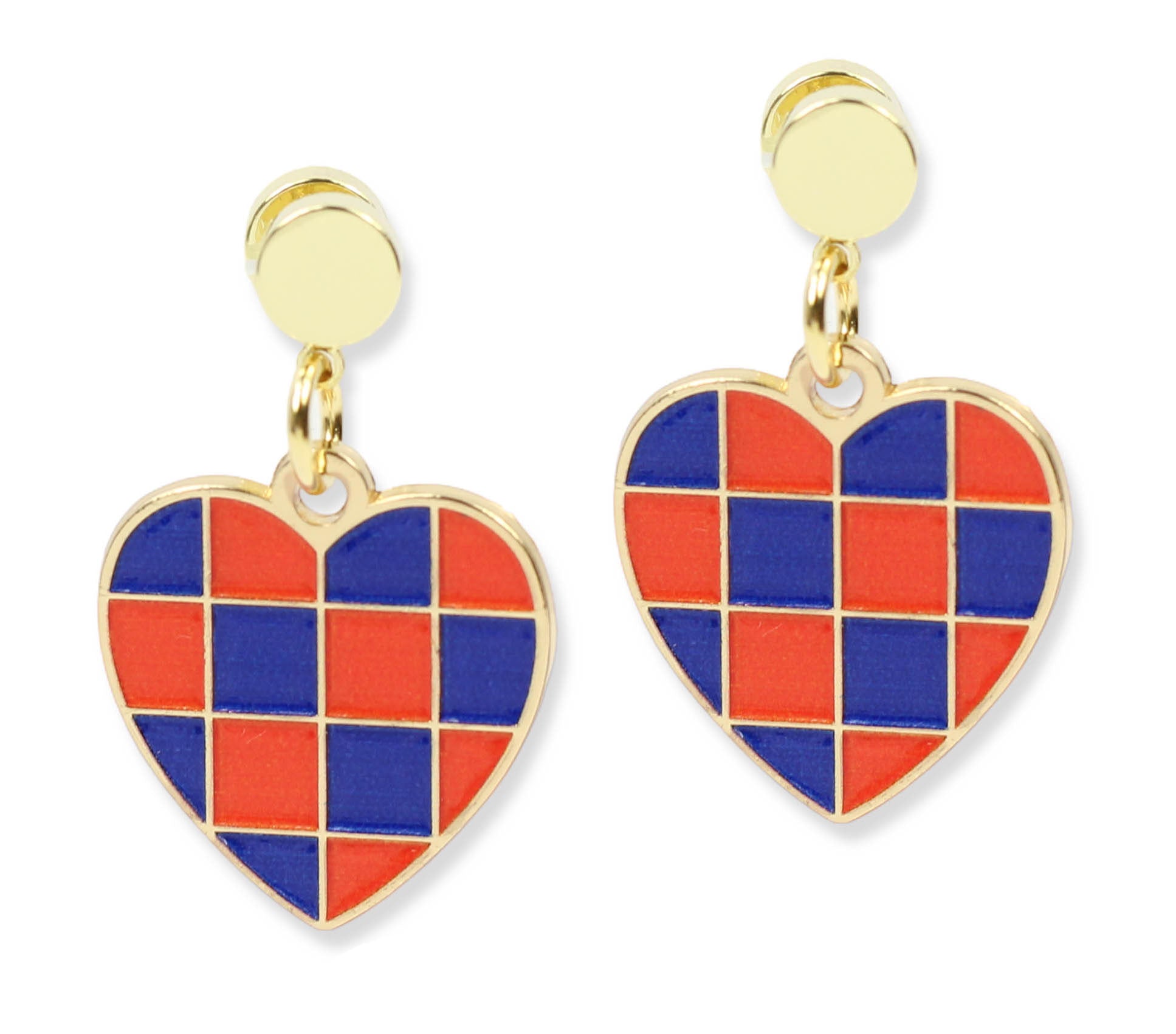 Checkered Heart Earring - Orange & Blue