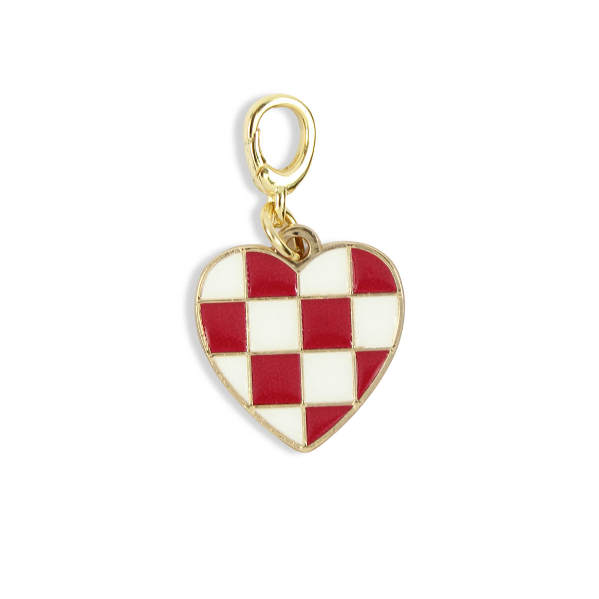 Crimson and white checkered heart clasp charm with gold trim