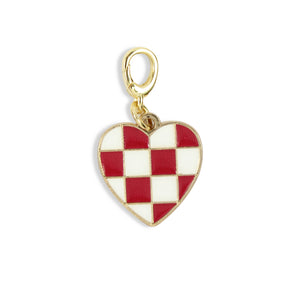 Crimson and white checkered heart clasp charm with gold trim