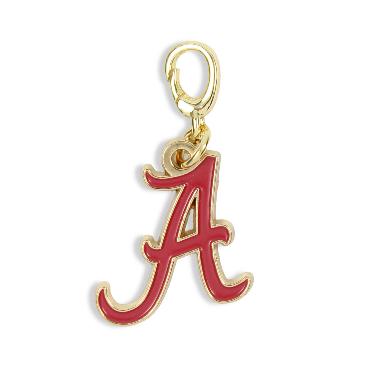 A gold-tone metal charm shaped like the Alabama Crimson Tide script letter 'A', featuring red enamel fill and a gold-tone clasp at the top, shown on a plain white background.