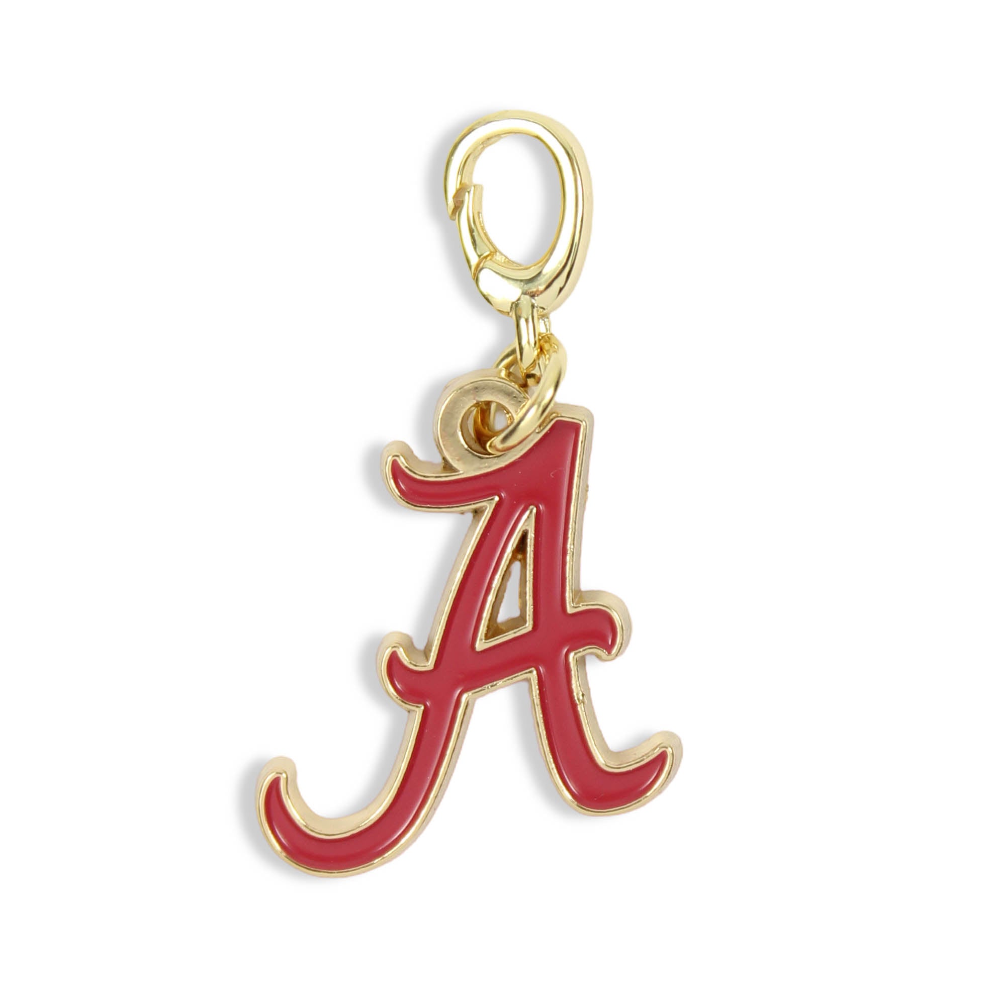 A gold-tone metal charm shaped like the Alabama Crimson Tide script letter 'A', featuring red enamel fill and a gold-tone clasp at the top, shown on a plain white background.