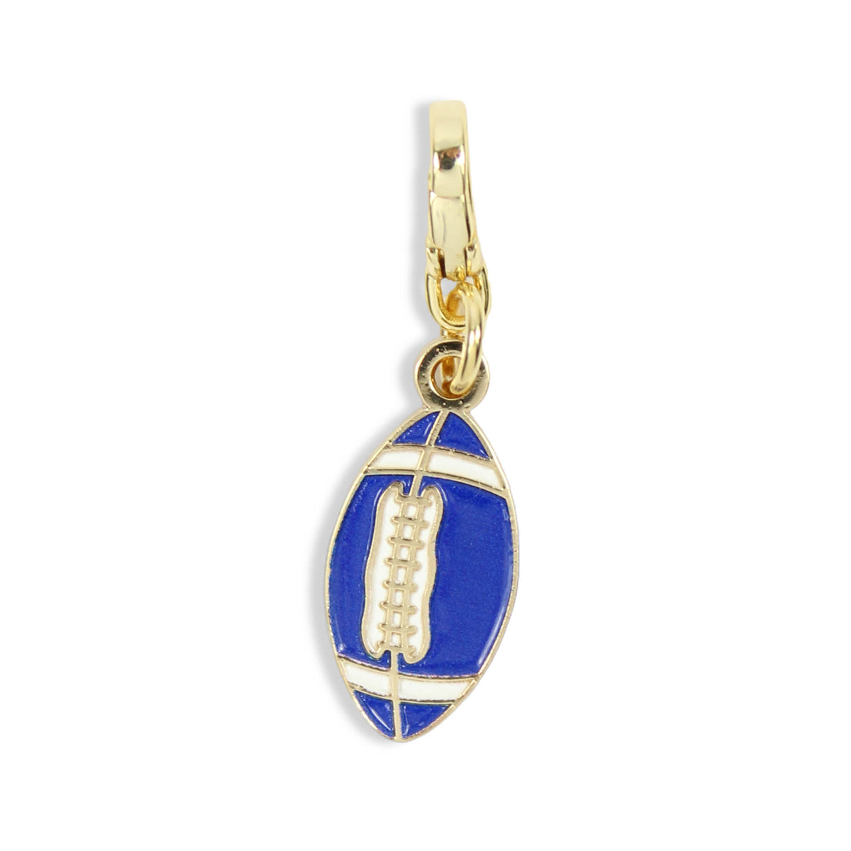 Blue football clasp charm with white and gold details
