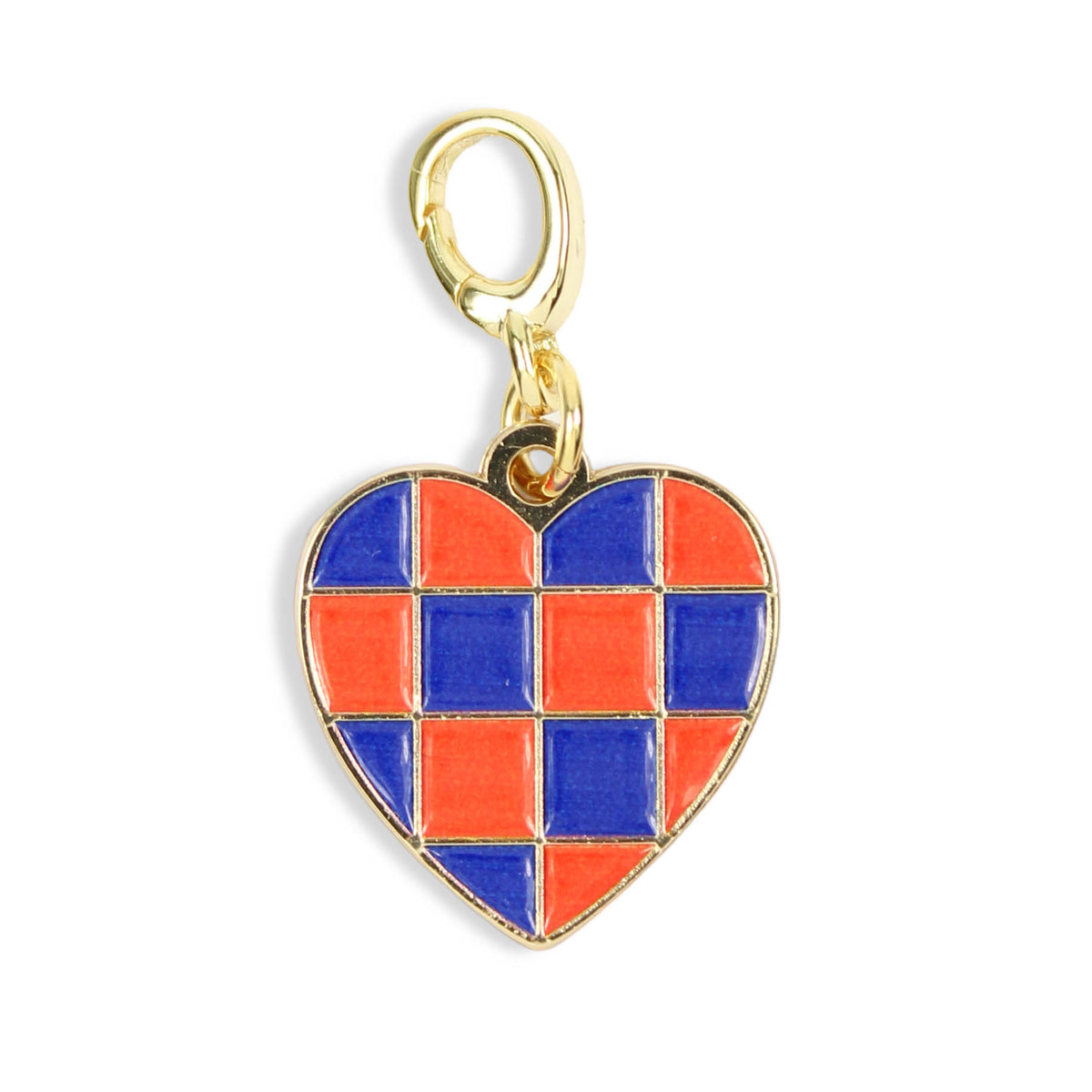 Orange and blue checkered heart clasp charm with gold trim