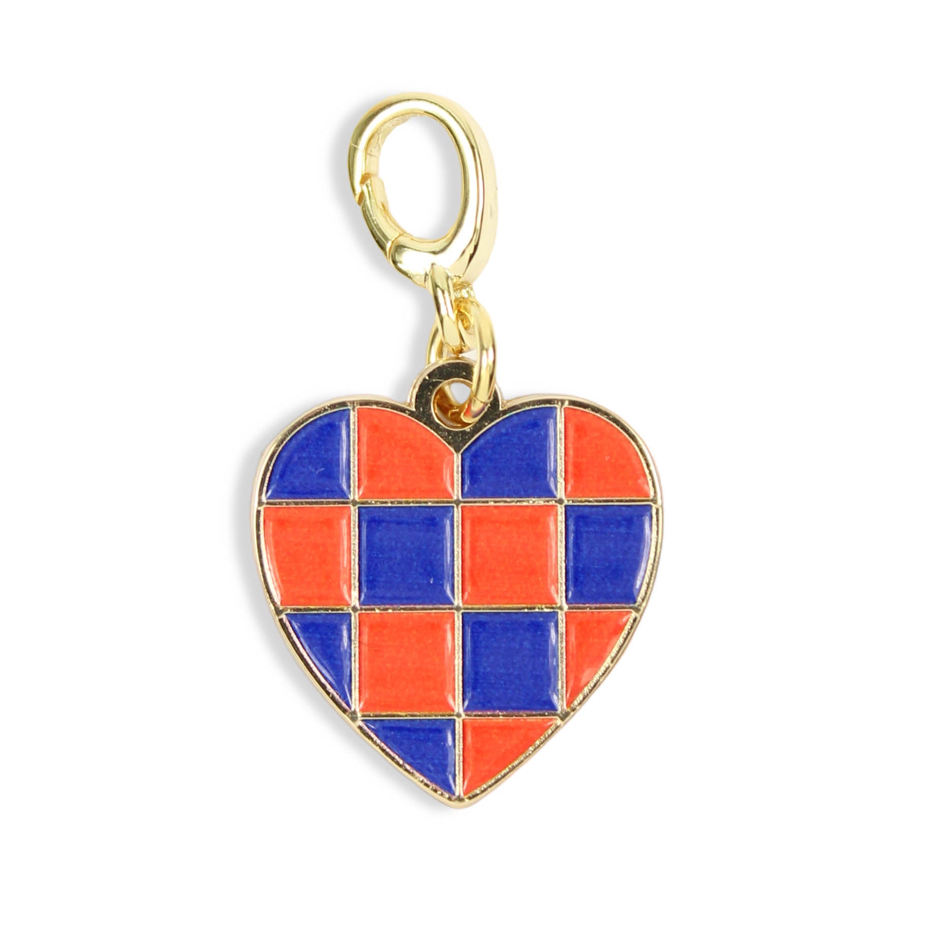 Orange and blue checkered heart clasp charm with gold trim