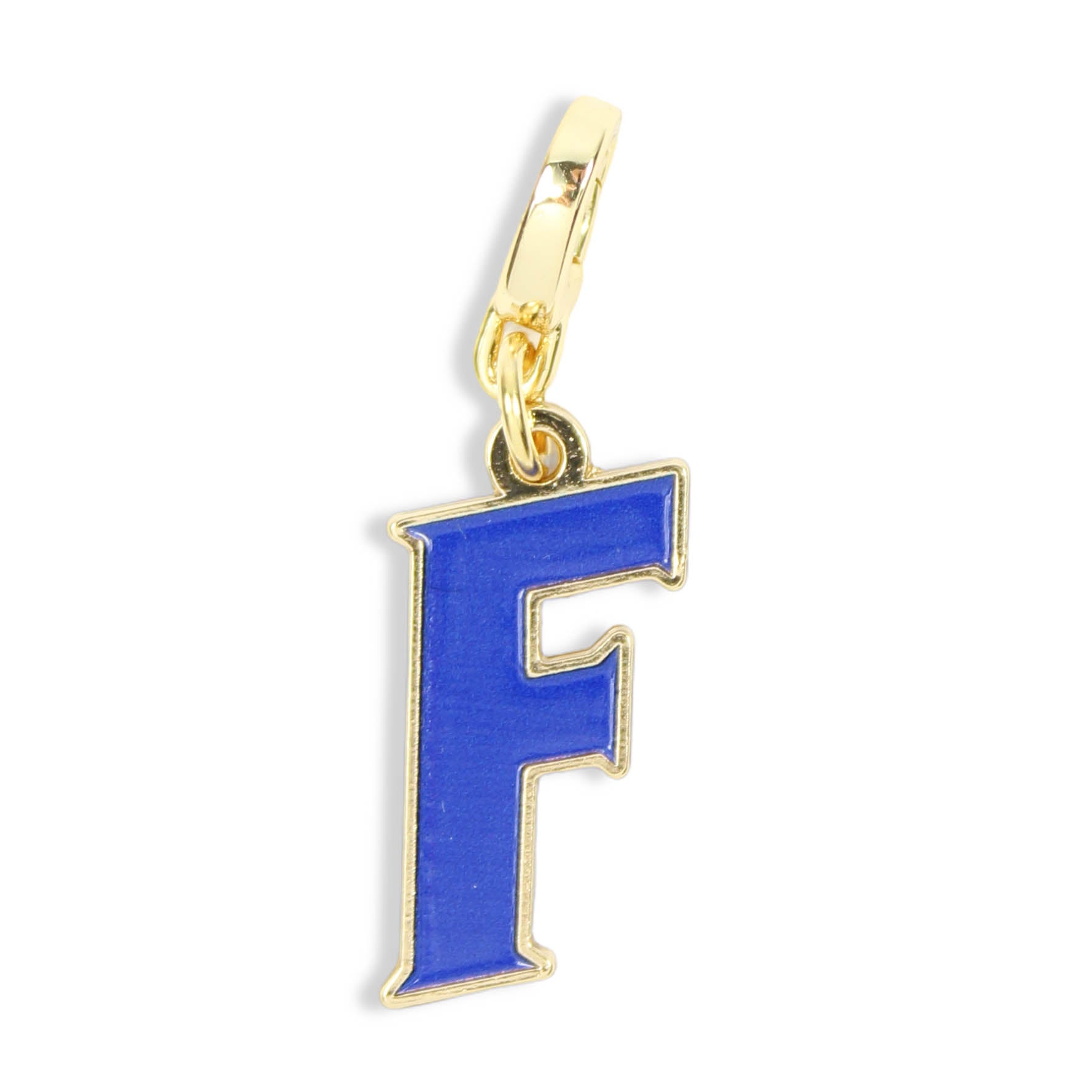 Blue Florida Gators F initial clasp charm with gold trim