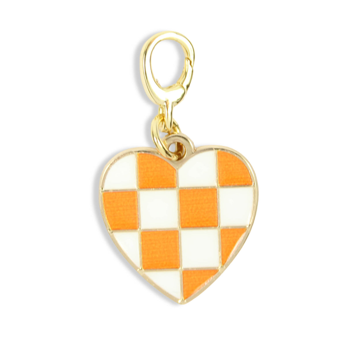 Orange and white checkered heart clasp charm with gold trim