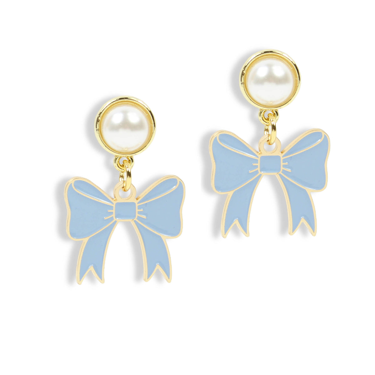 Light blue bow drop earrings with gold trim and pearl stud tops on a white background.
