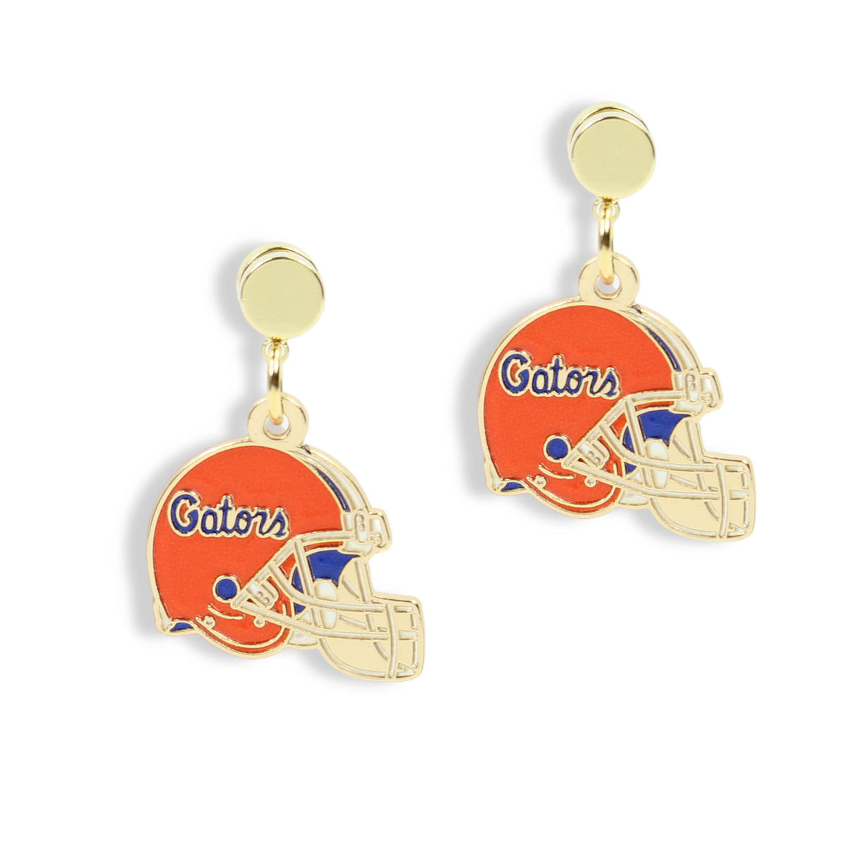 Florida Gators orange and blue football helmet earrings with gold stud tops on a white background.
