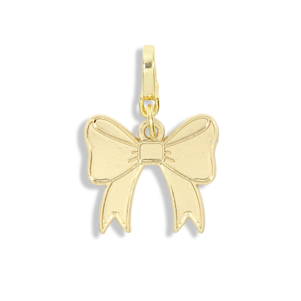 Gold bow clasp charm for necklaces and jewelry on a white background.