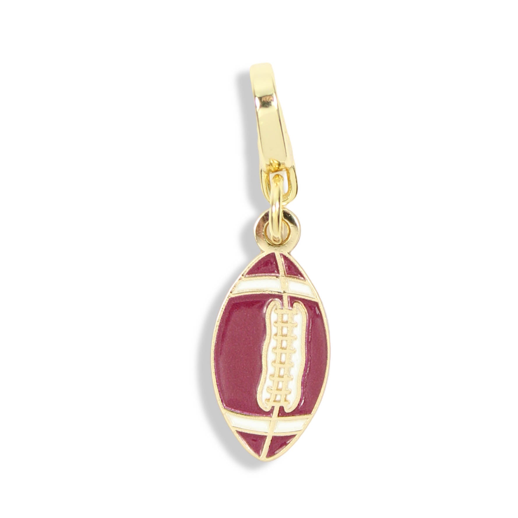 Garnet football clasp charm with gold-tone detailing on a white background.