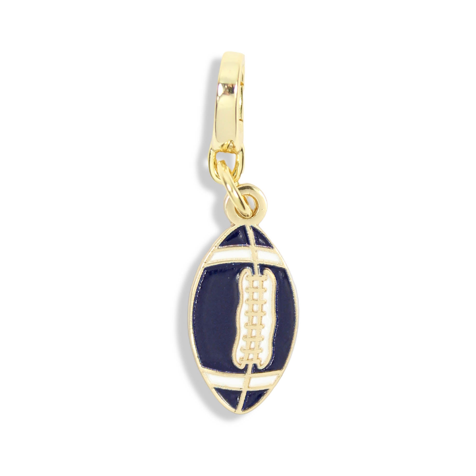 Navy football clasp charm with gold-tone detailing on a white background.