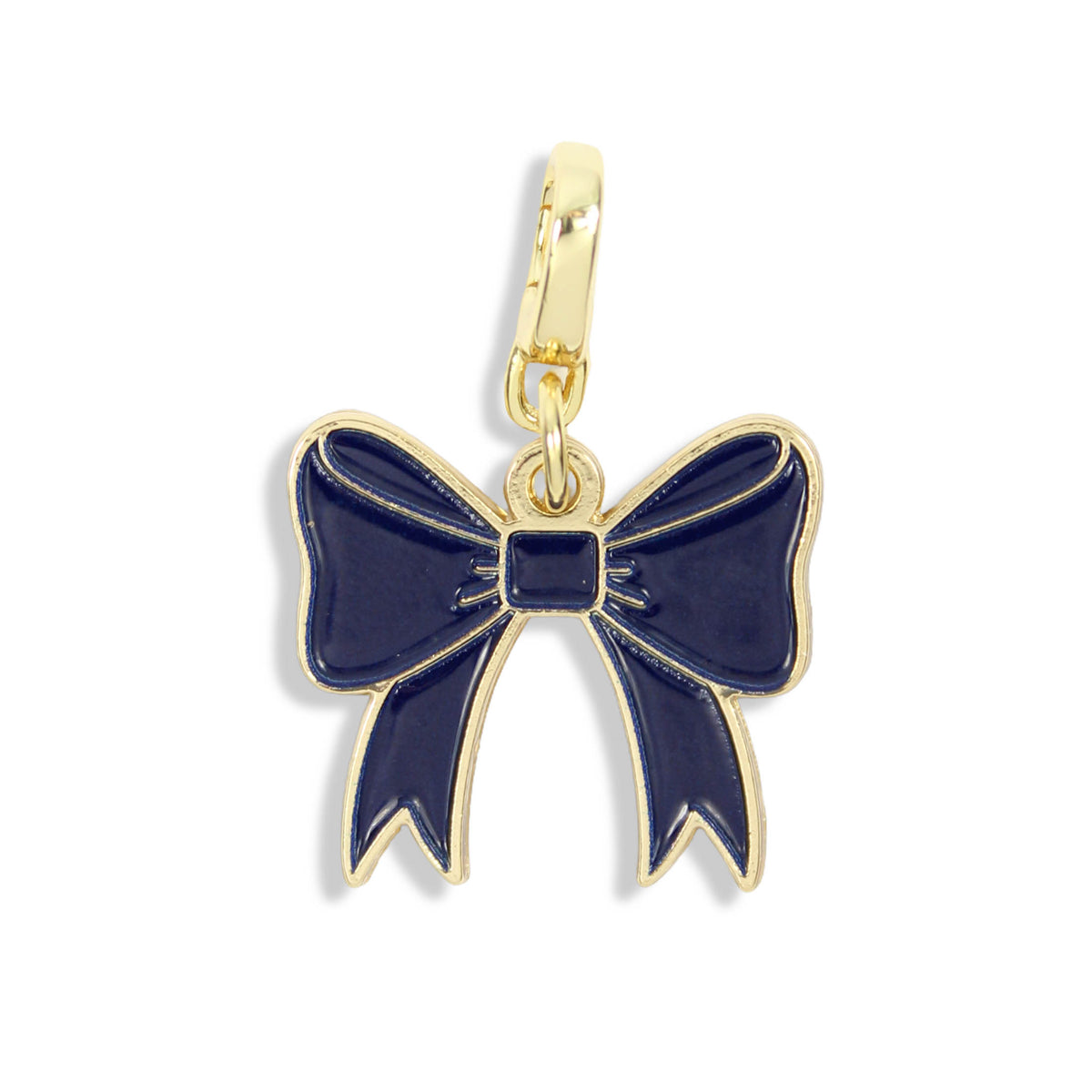  Navy enamel bow clasp charm with gold-tone detailing on a white background.