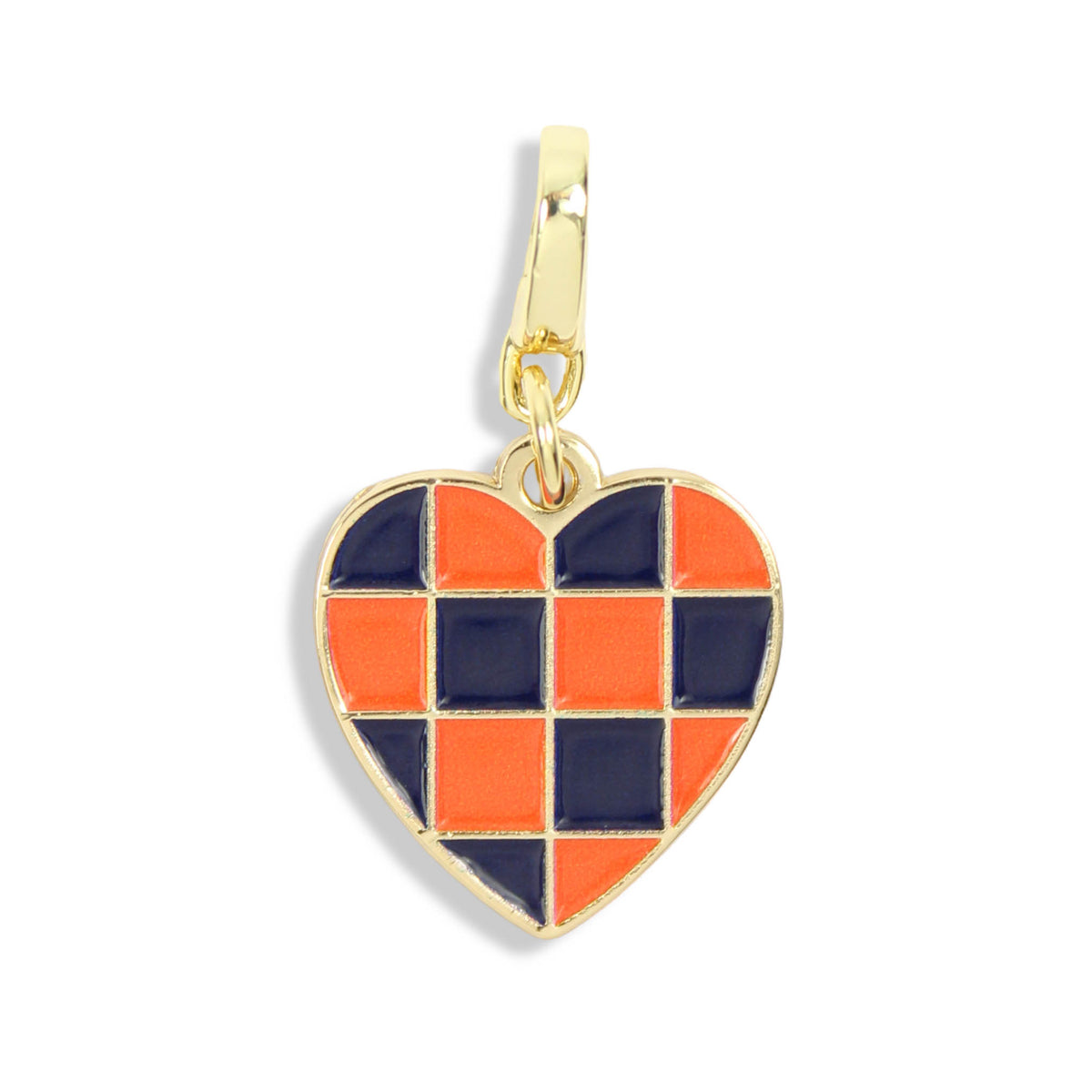A gold heart-shaped charm pendant featuring a checkered pattern of orange and navy blue enamel, shown on a clean white background.