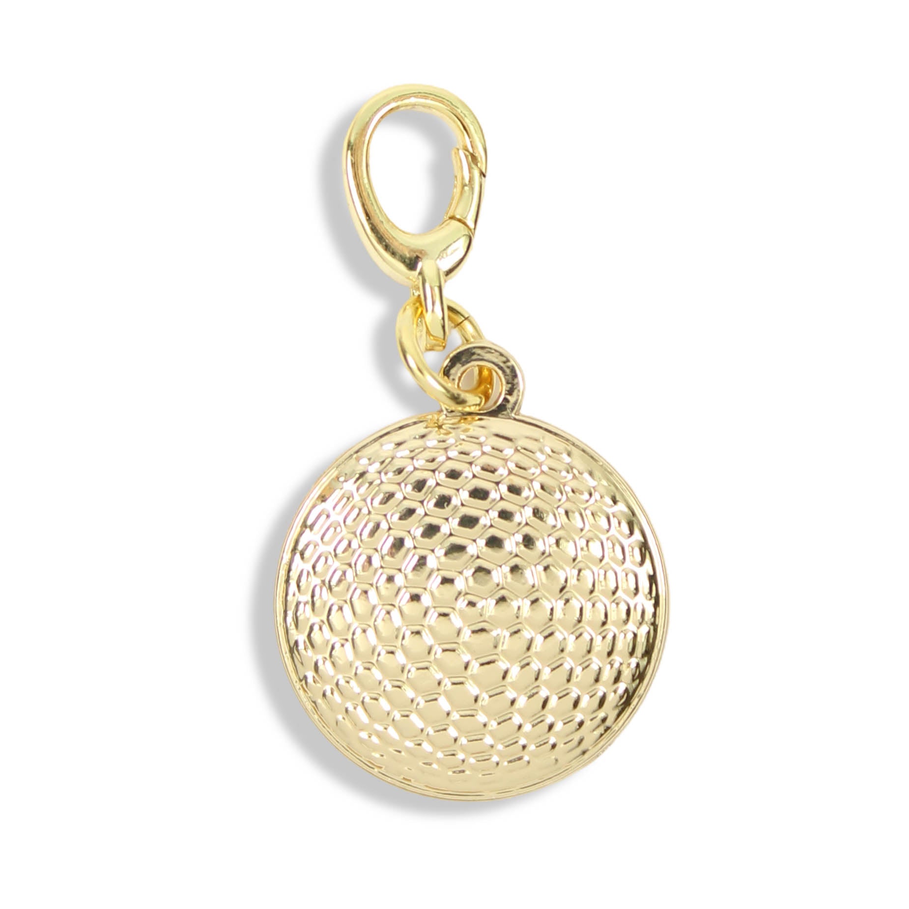 gold textured golf ball clasp charm on white background