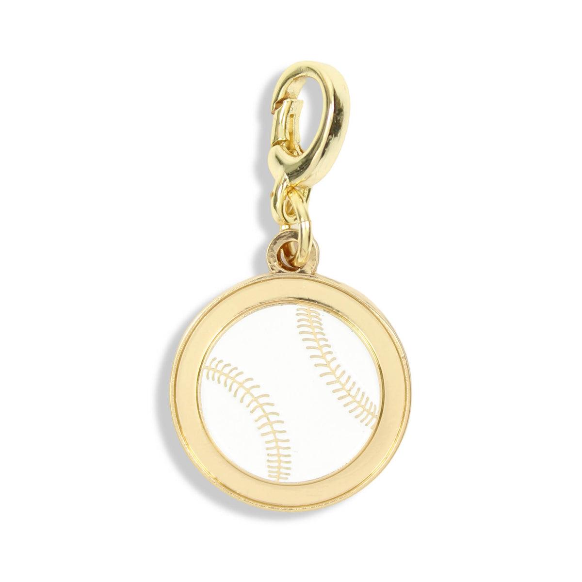 White baseball charm with gold detailing and clasp for charm necklaces and bracelets by Bourbon and Boweties.