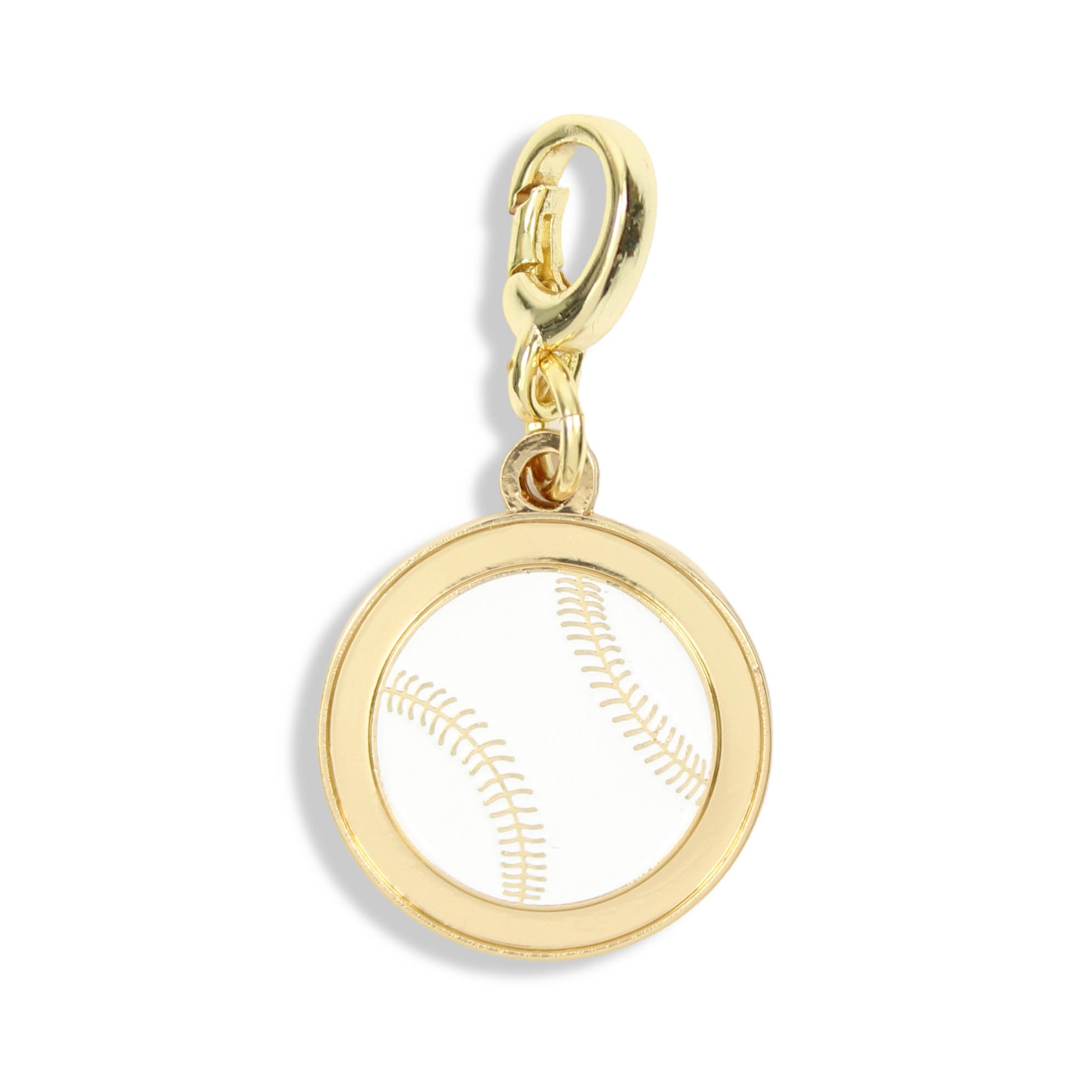 White baseball charm with gold detailing and clasp for charm necklaces and bracelets by Bourbon and Boweties.