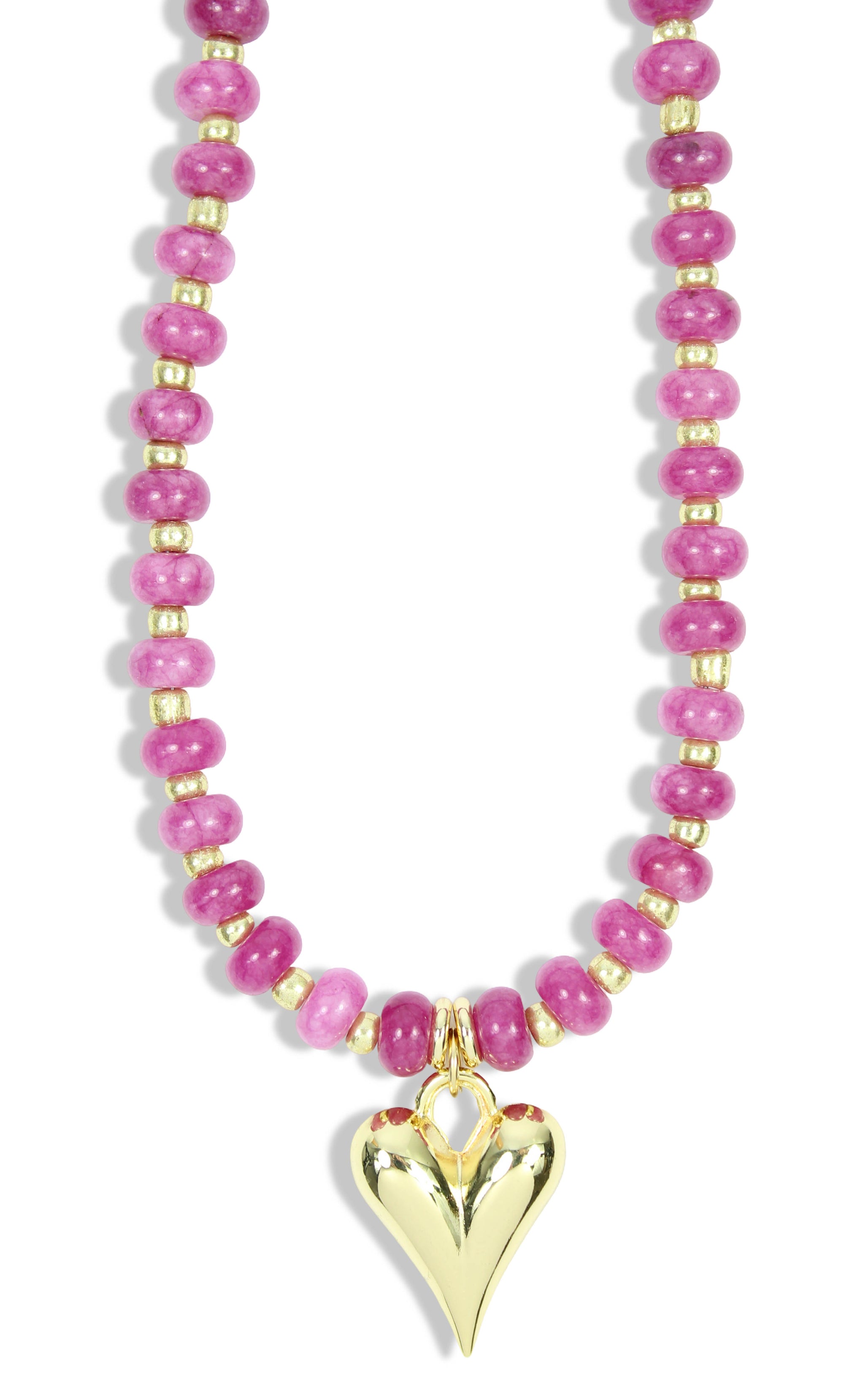 Pink beaded necklace with gold accents and gold heart pendant