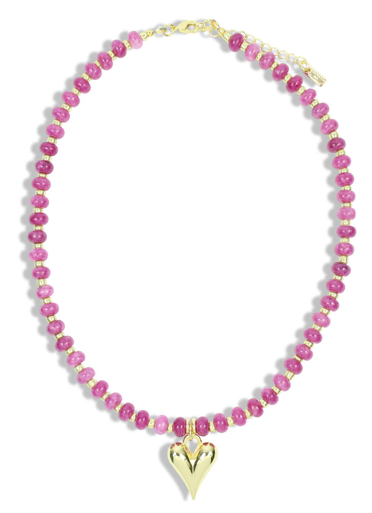 Pink beaded necklace with gold accents and gold heart pendant