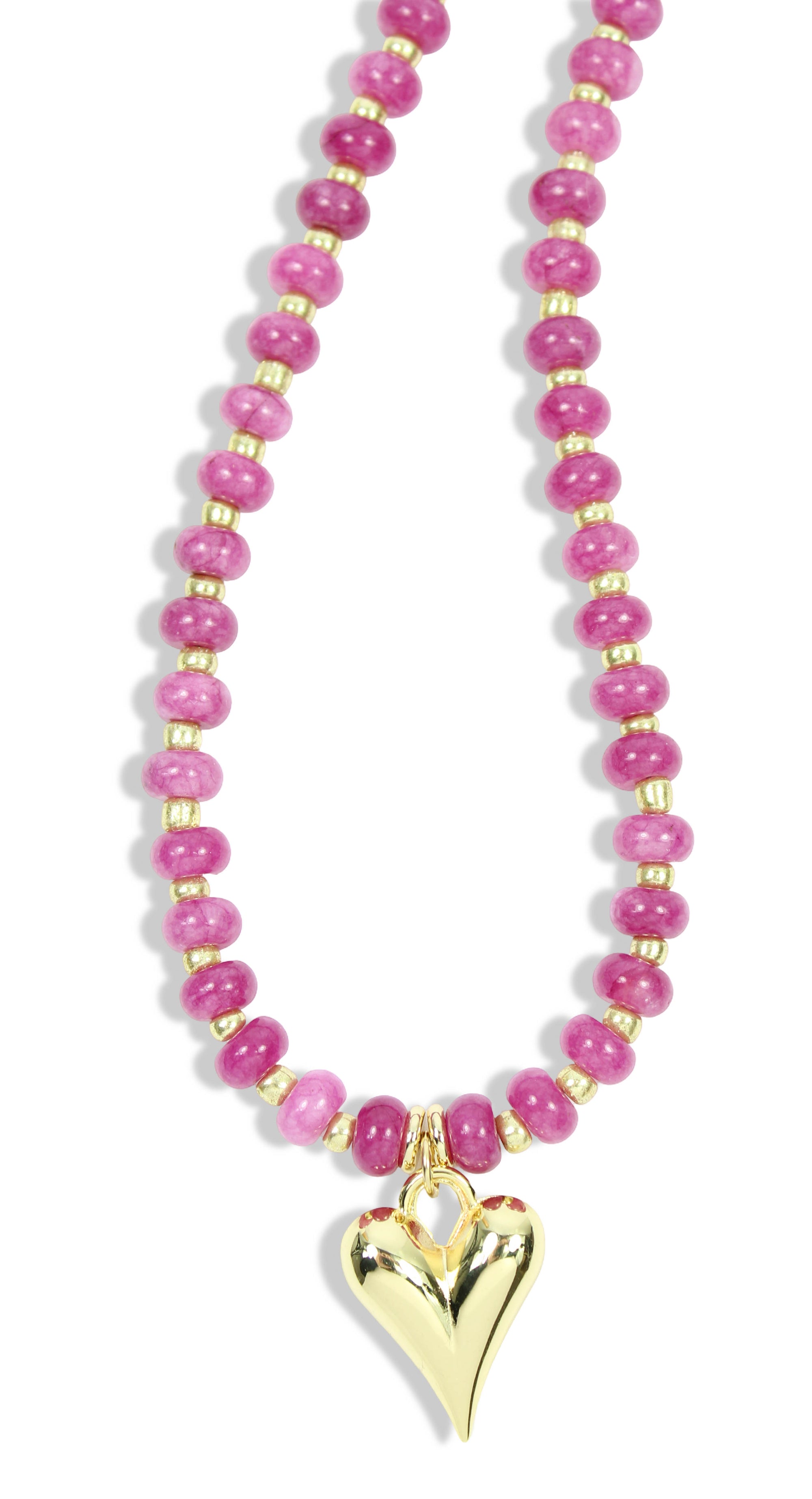 Pink beaded necklace with gold accents and gold heart pendant