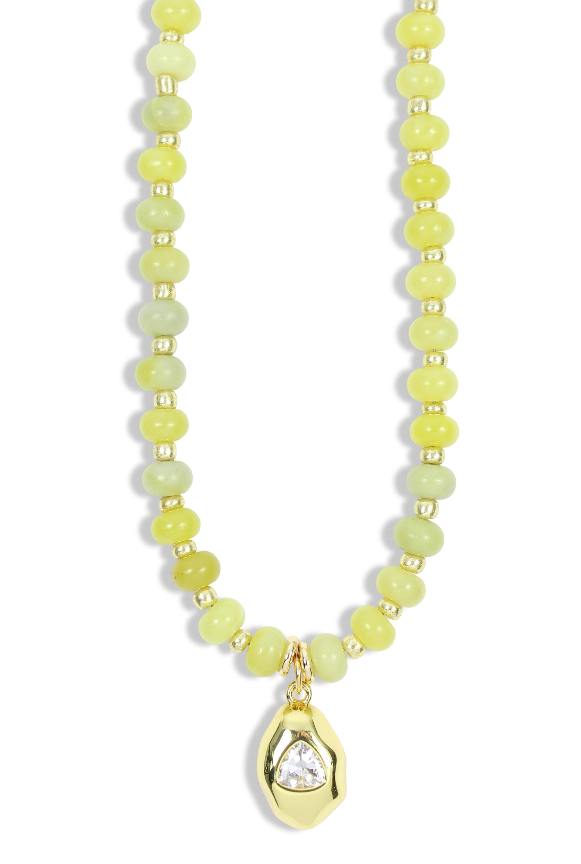 Chartreuse beaded necklace with gold accents and crystal pendant