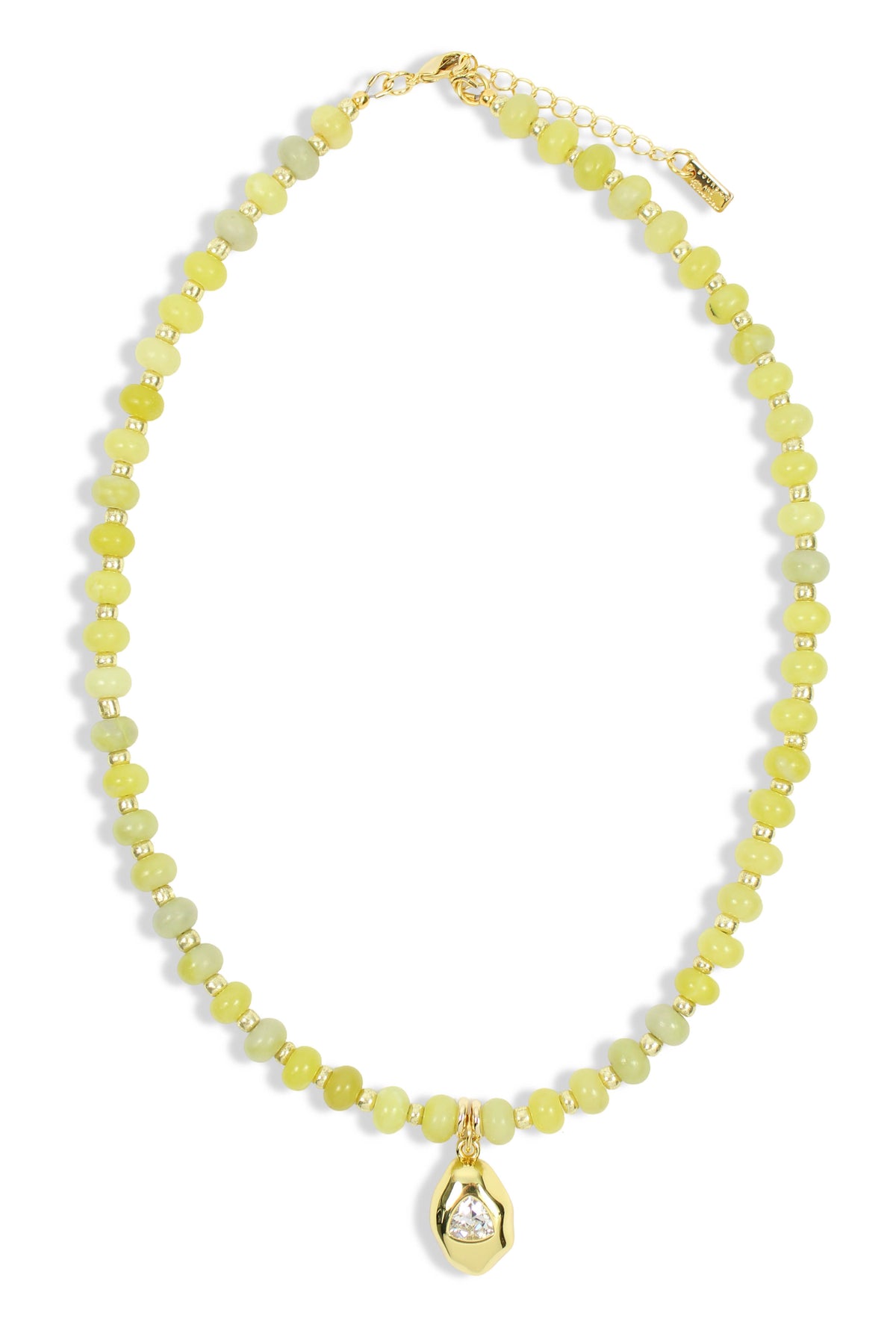 Chartreuse beaded necklace with gold accents and crystal pendant
