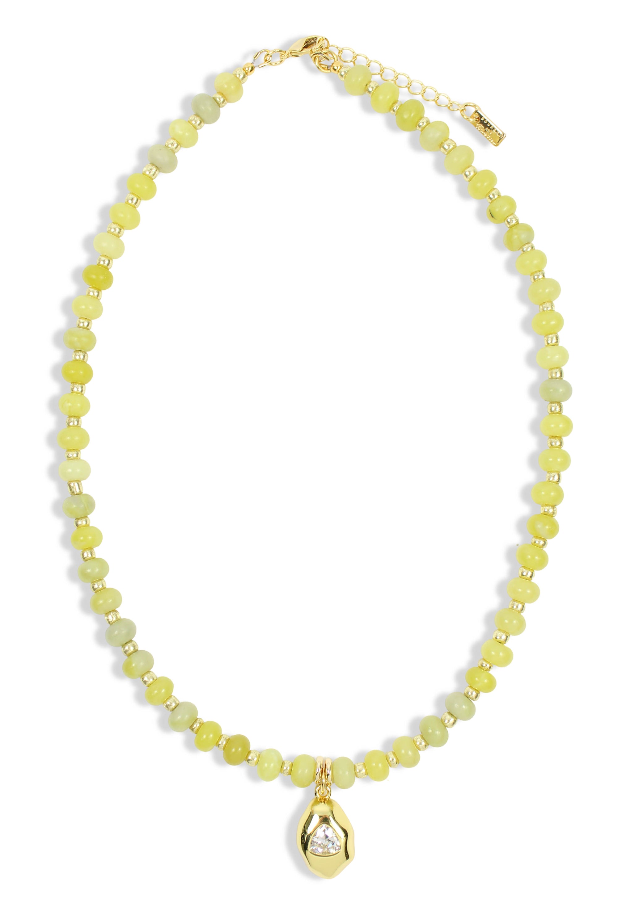 Chartreuse beaded necklace with gold accents and crystal pendant