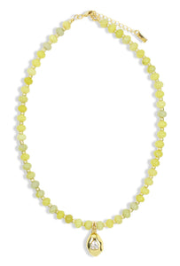 Chartreuse beaded necklace with gold accents and crystal pendant