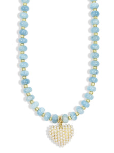 Light blue beaded necklace with gold accents and pearl heart pendant