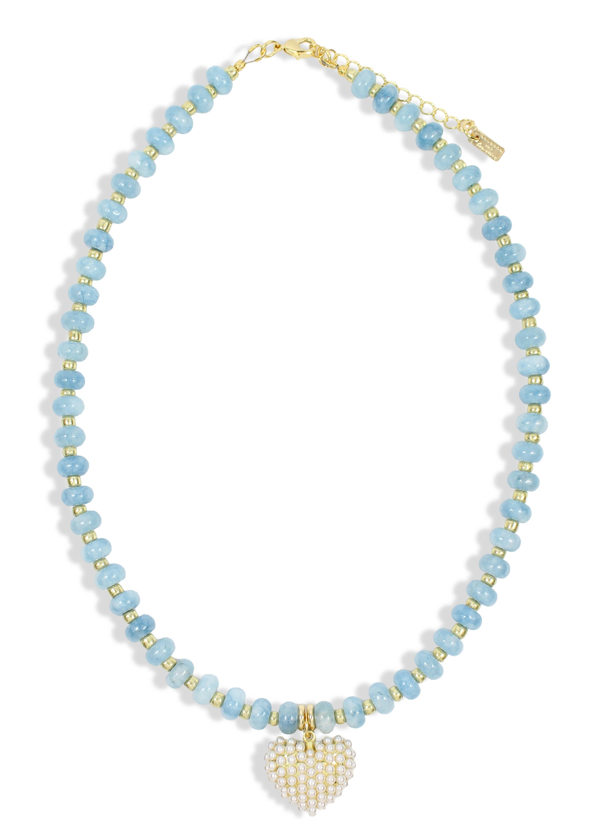 Light blue beaded necklace with gold accents and pearl heart pendant