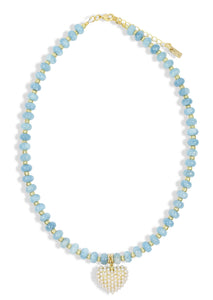 Light blue beaded necklace with gold accents and pearl heart pendant