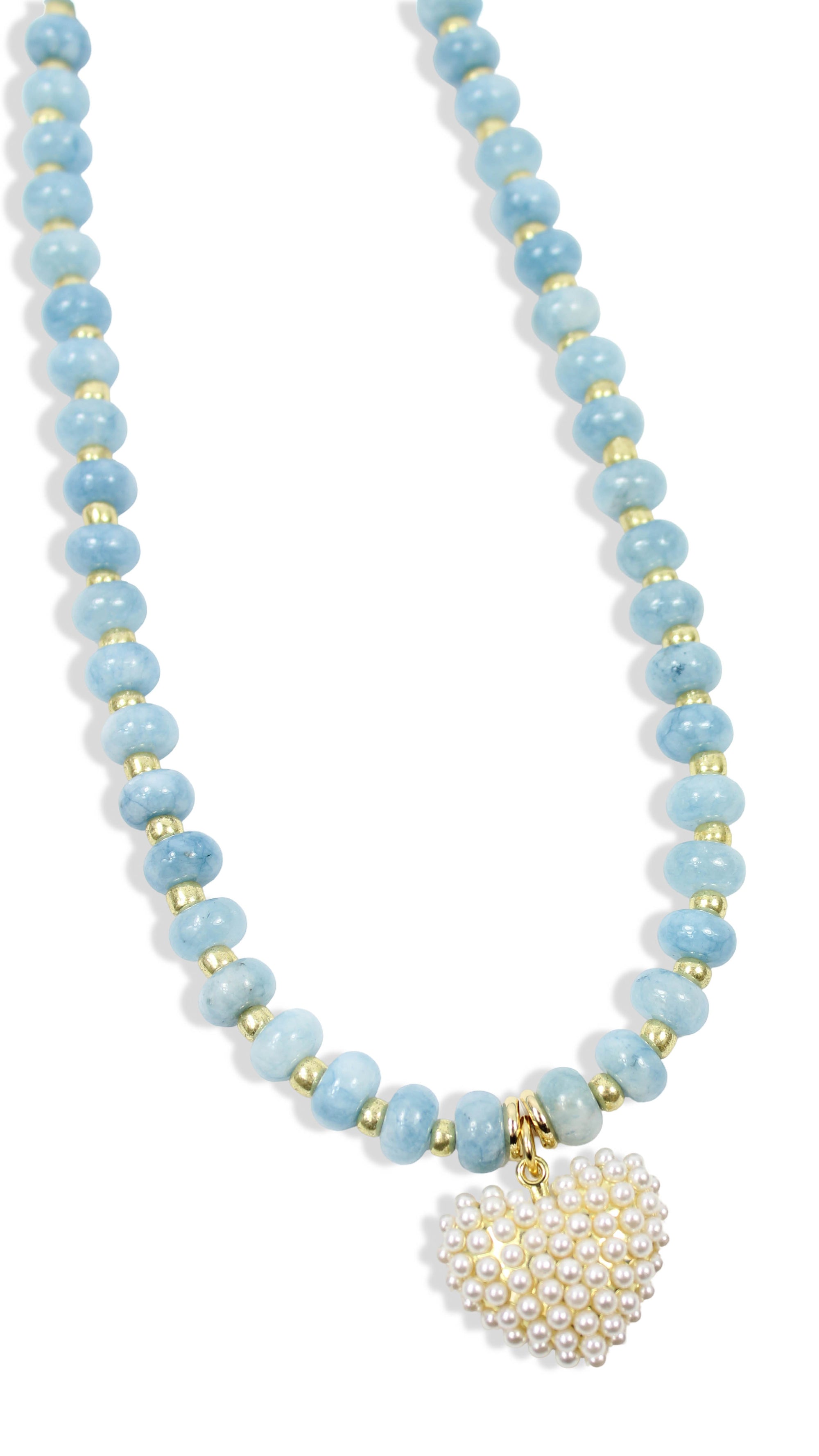 Light blue beaded necklace with gold accents and pearl heart pendant