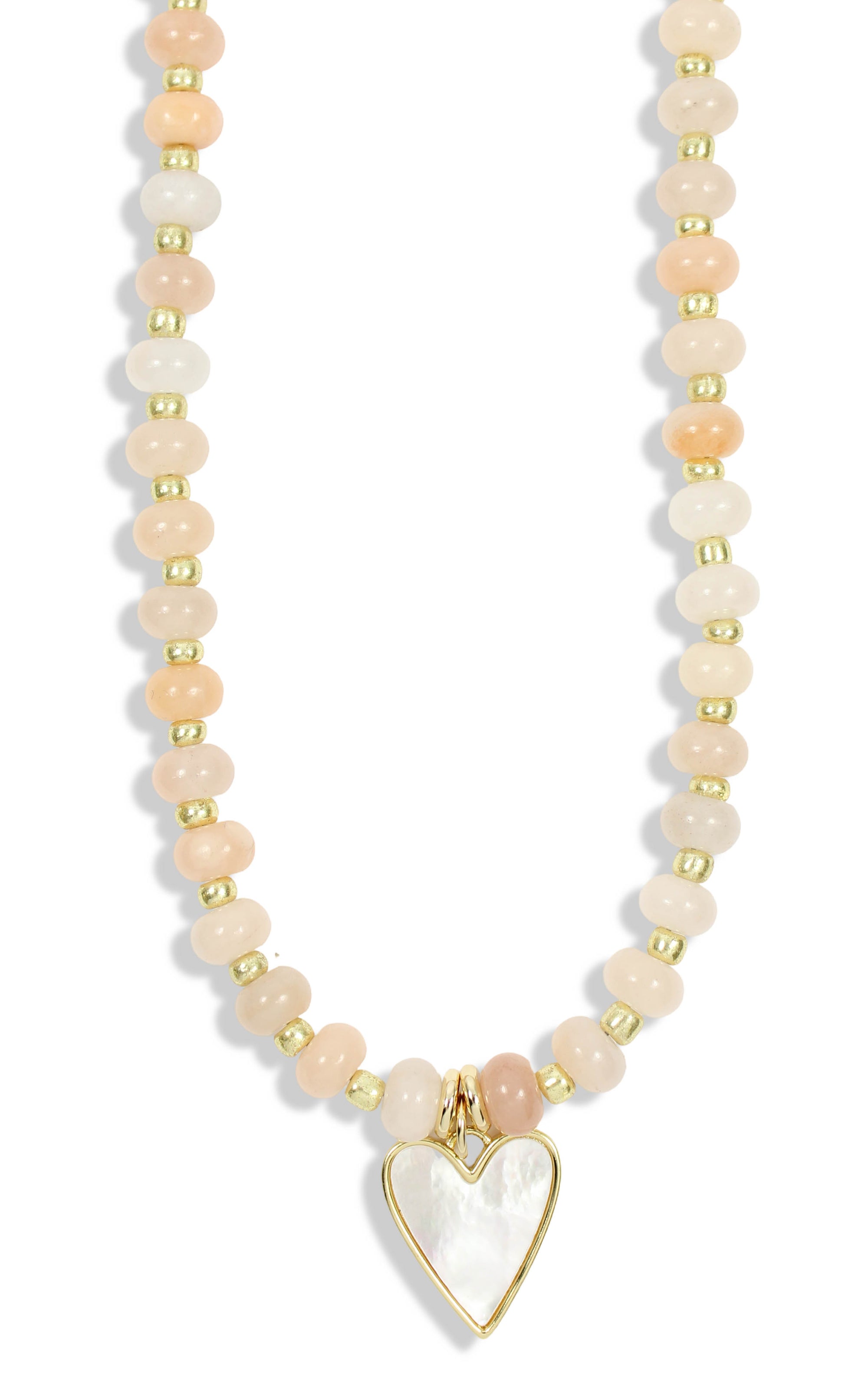 Peach beaded necklace with gold accents and mother of pearl heart pendant