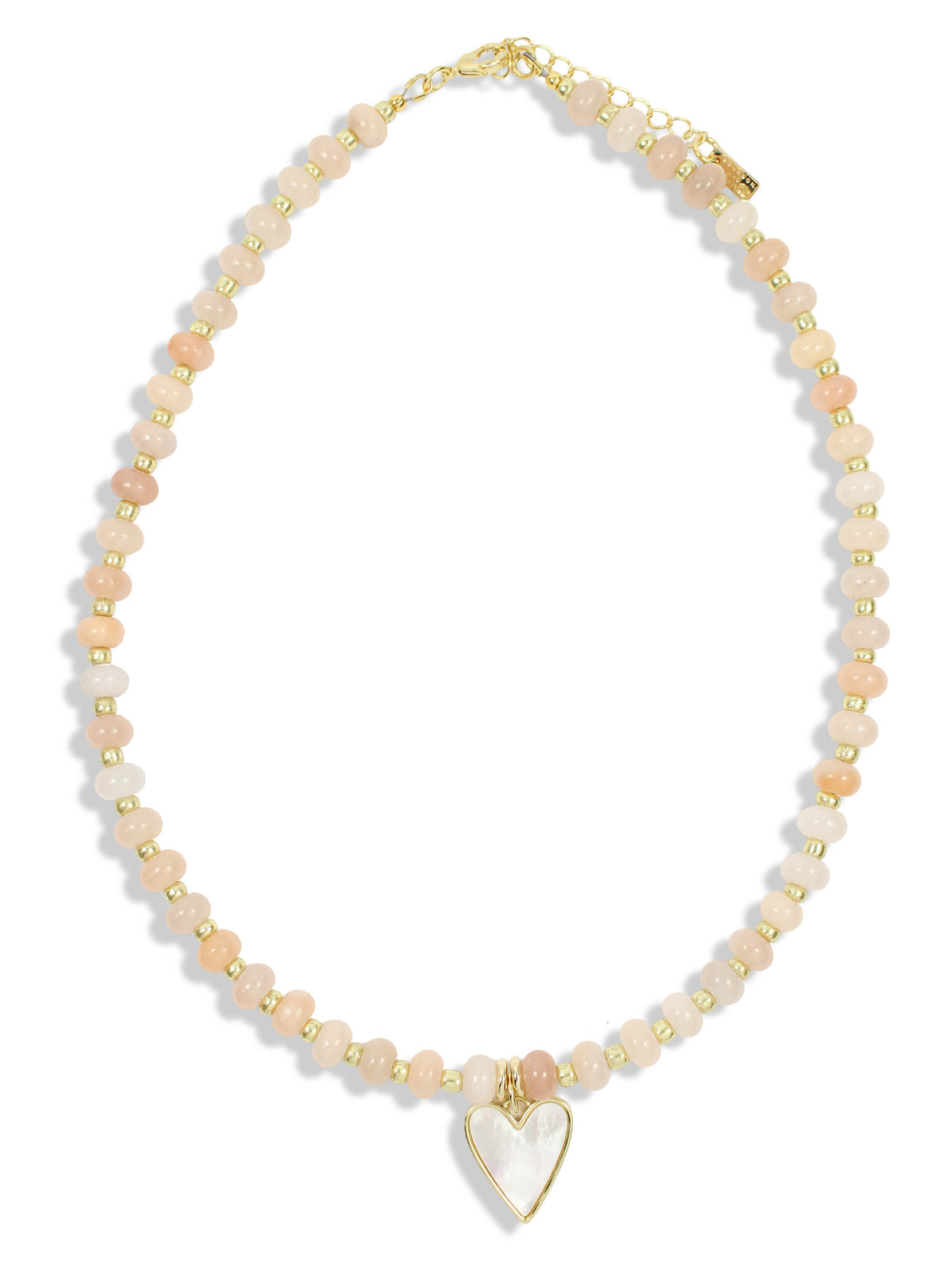 Peach beaded necklace with gold accents and mother of pearl heart pendant