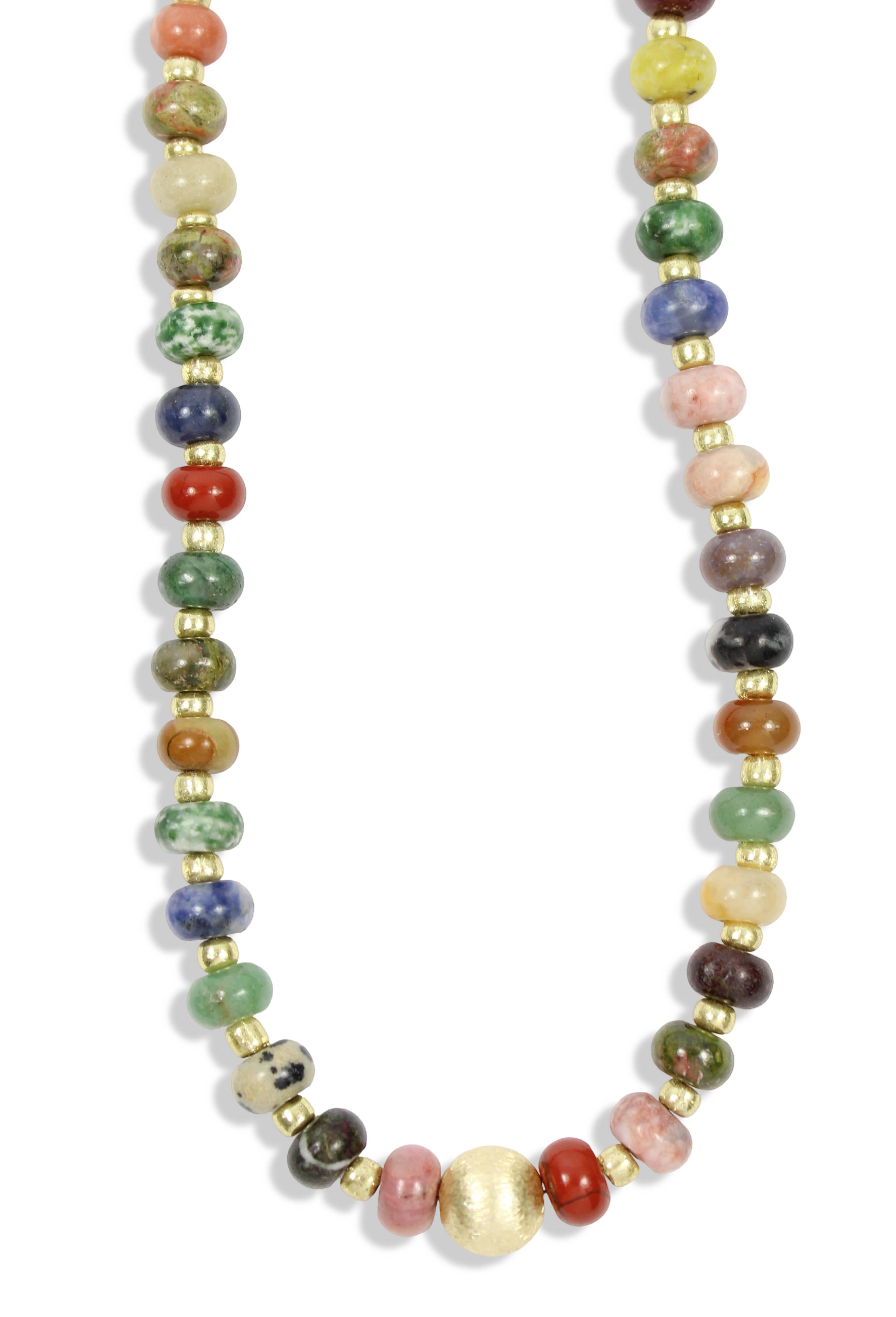 Multicolor stone beaded necklace with gold accents and textured gold center bead
