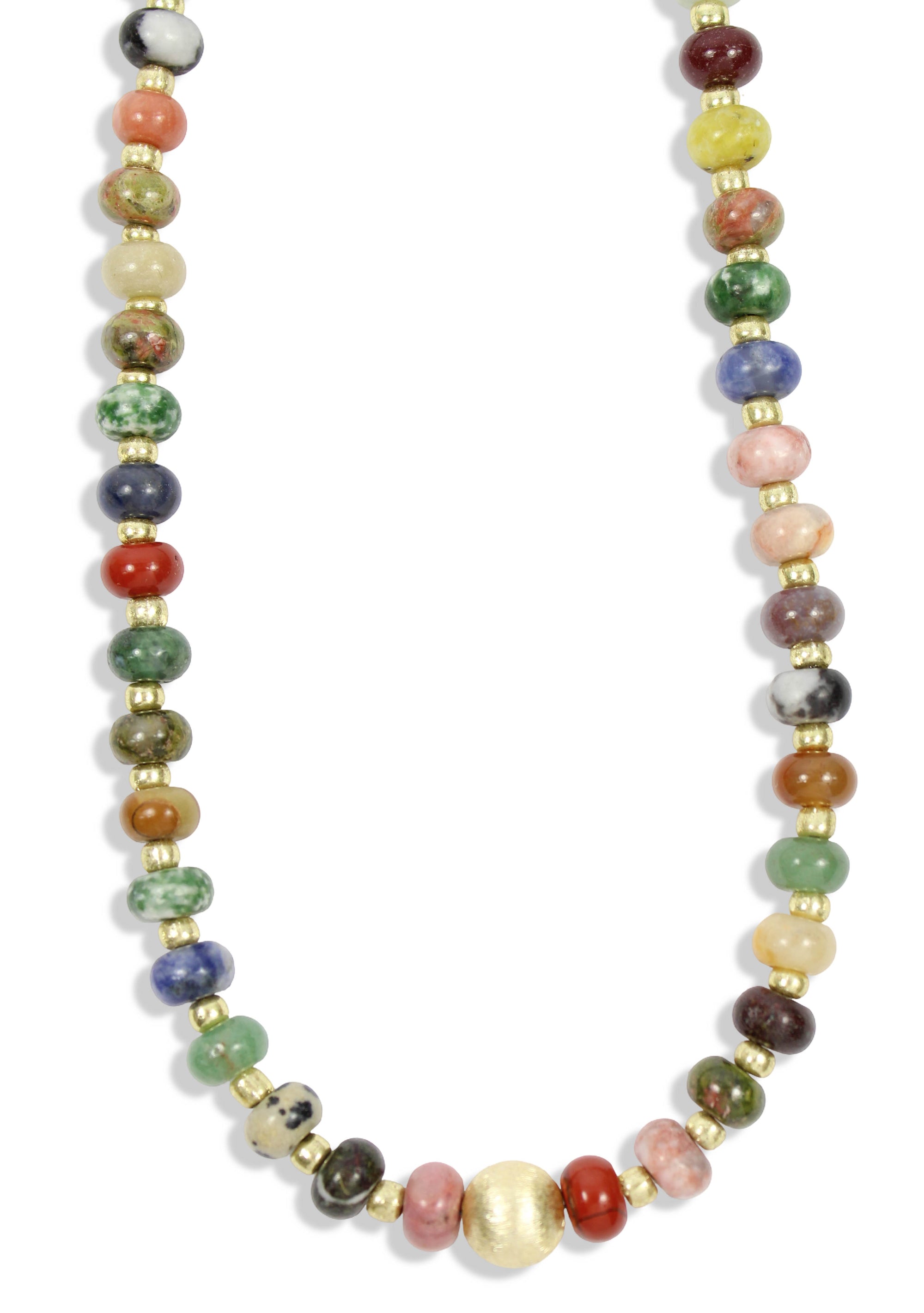Multicolor stone beaded necklace with gold accents and textured gold center bead