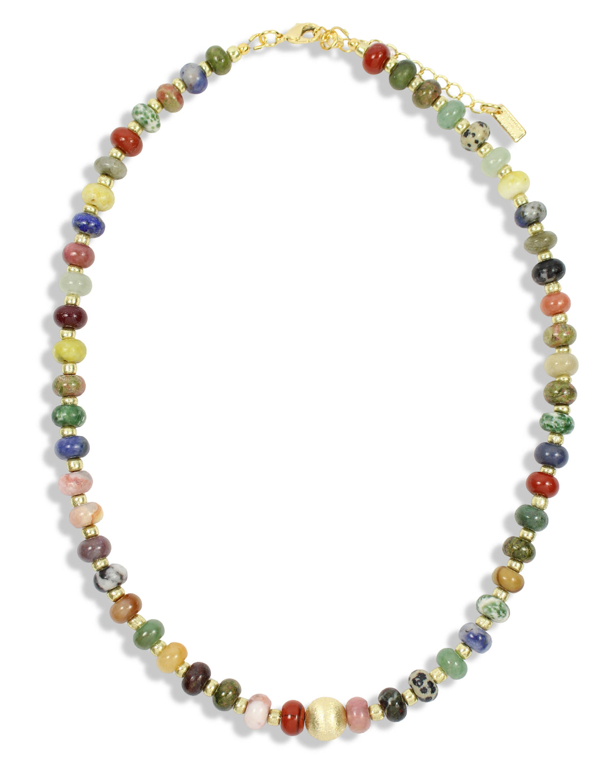 Multicolor stone beaded necklace with gold accents and textured gold center bead