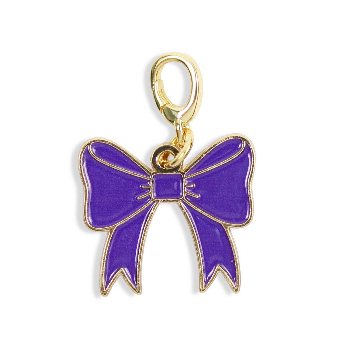 A purple enamel bow charm with gold-tone metal outlines and a gold clasp at the top, shown on a plain white background.
