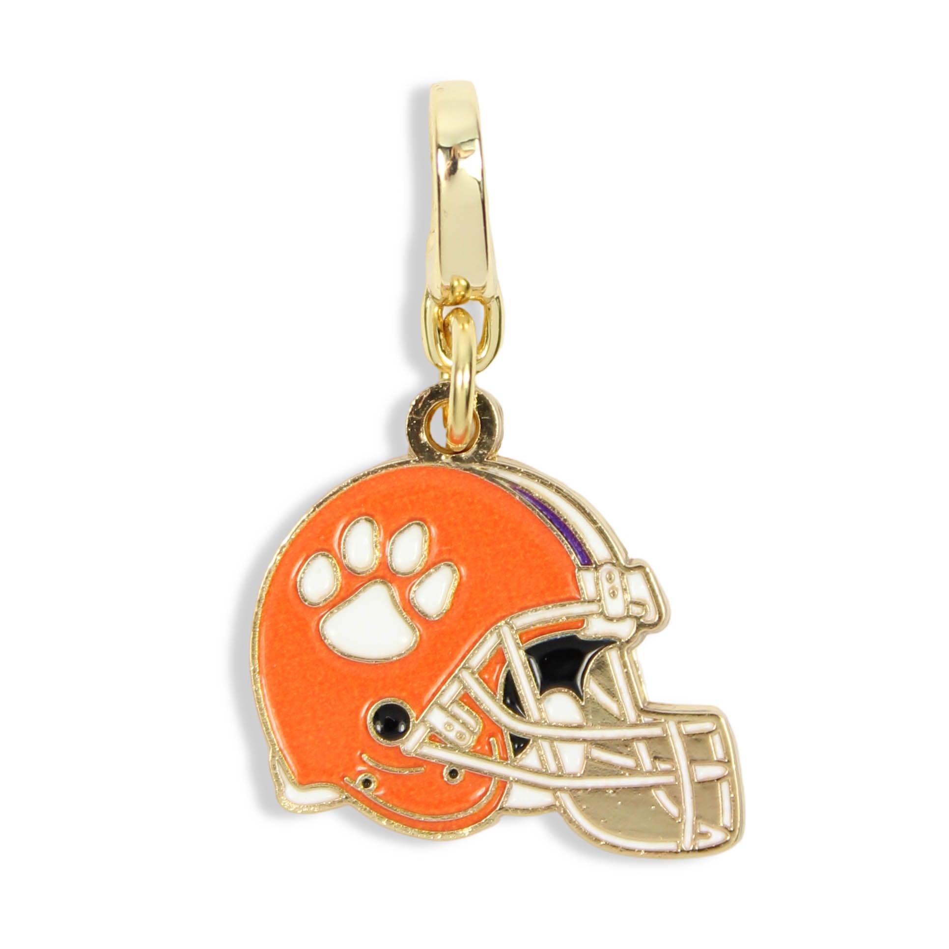 Clemson Tigers football helmet charm with orange enamel, paw print design, gold detailing, and clasp for charm necklaces.
