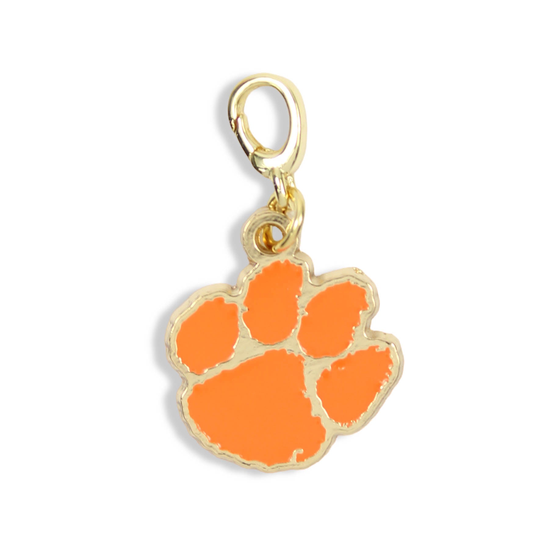 Clemson Tigers orange paw print charm with gold detailing and clasp for charm necklaces by Bourbon and Boweties.