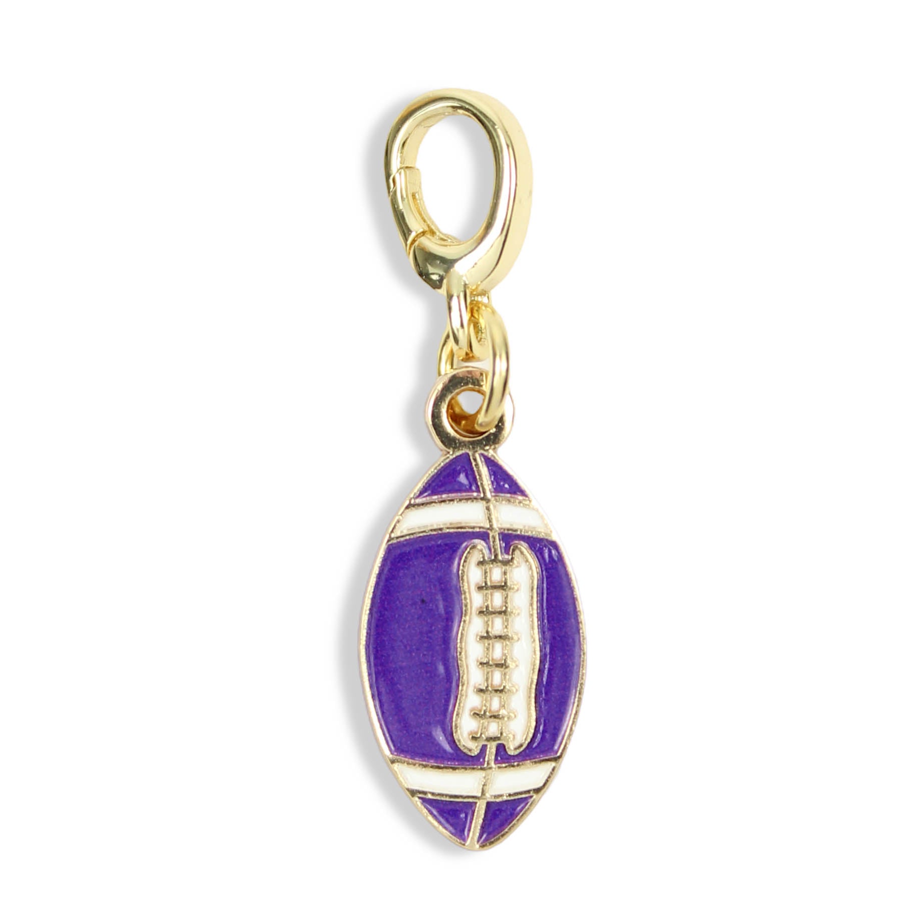 Purple enamel football charm with gold detailing and clasp for charm necklaces by Bourbon and Boweties.